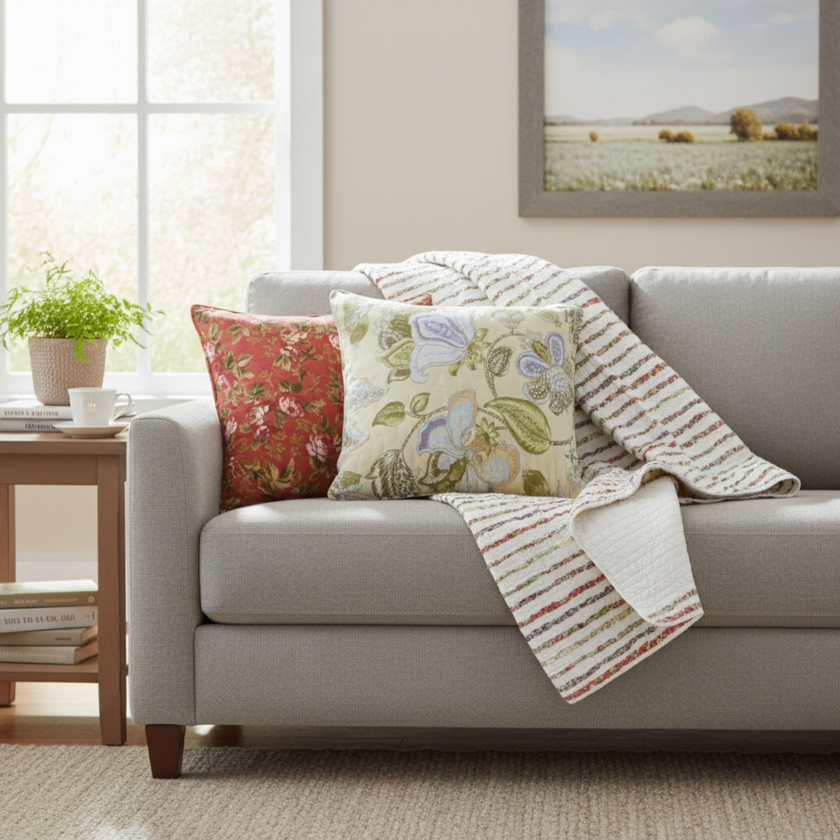 Greenland Home 100% Cotton Bella Ruffle Textured Throw Blanket + Decorative Pillows Set, 50x60 + 16x16 (x2) in., Multi-Colored