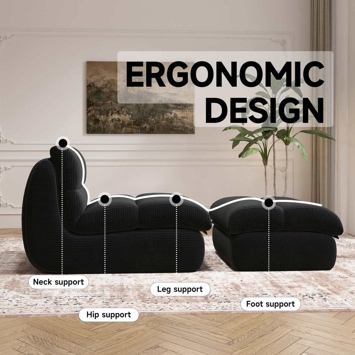 YVDNHP Bean Bag Chair with Ottoman, Reading Chair for Adults Black