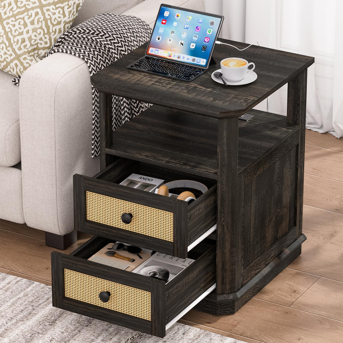 REDAYFUR End Table with Charging Station, 18" Small Modern Farmhouse Nightstand with Rattan Drawers, Tall Bedside Table & 2-Drawer Dresser for Bedroom, Living Room, Hallway, Black