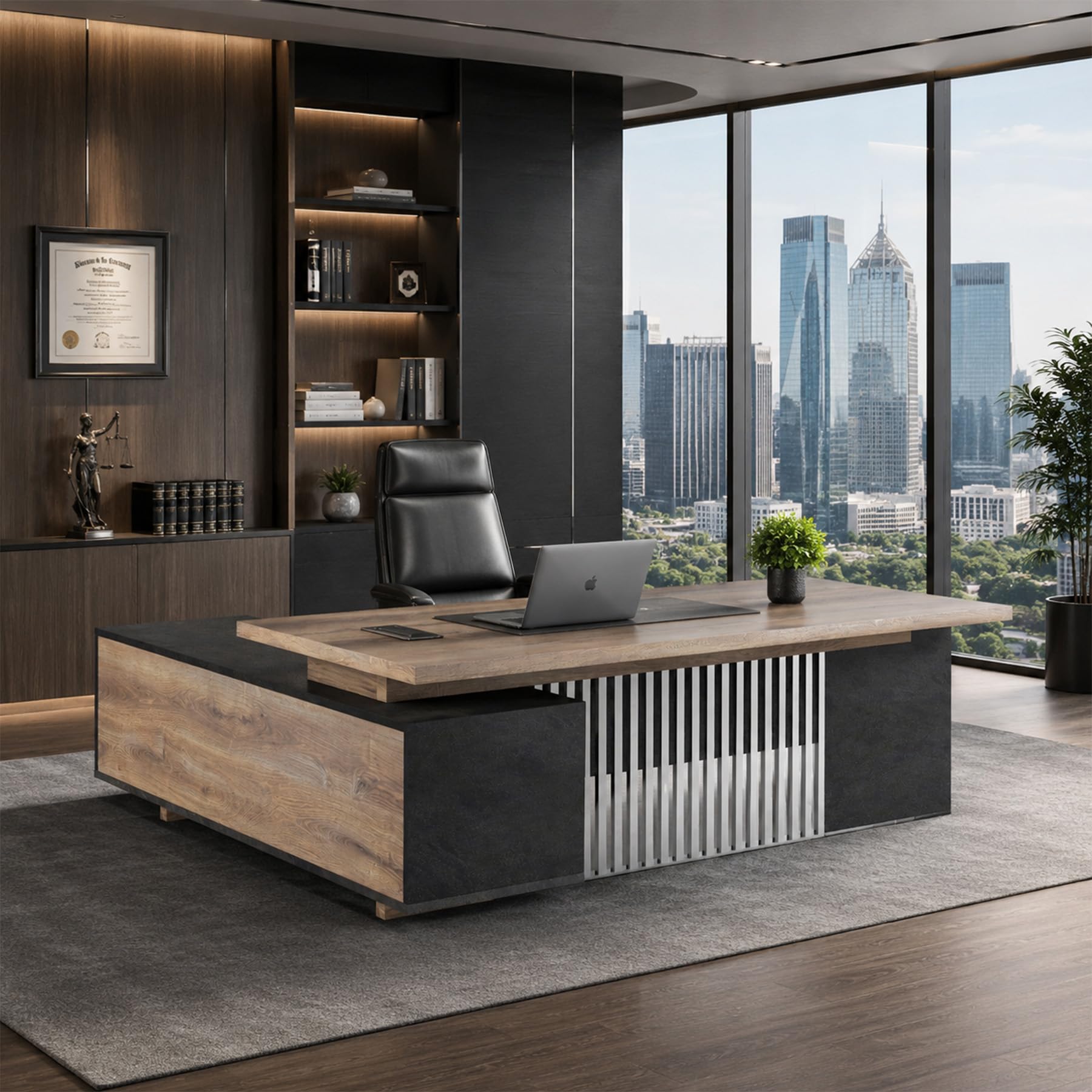 70.86 inch Inch Large Executive Desk with Drawers Cabinet, L Shaped Office Desk, Computer Desk with Universal Charging Ports and Cable Management for Business Furniture Set Workstation for Home Office