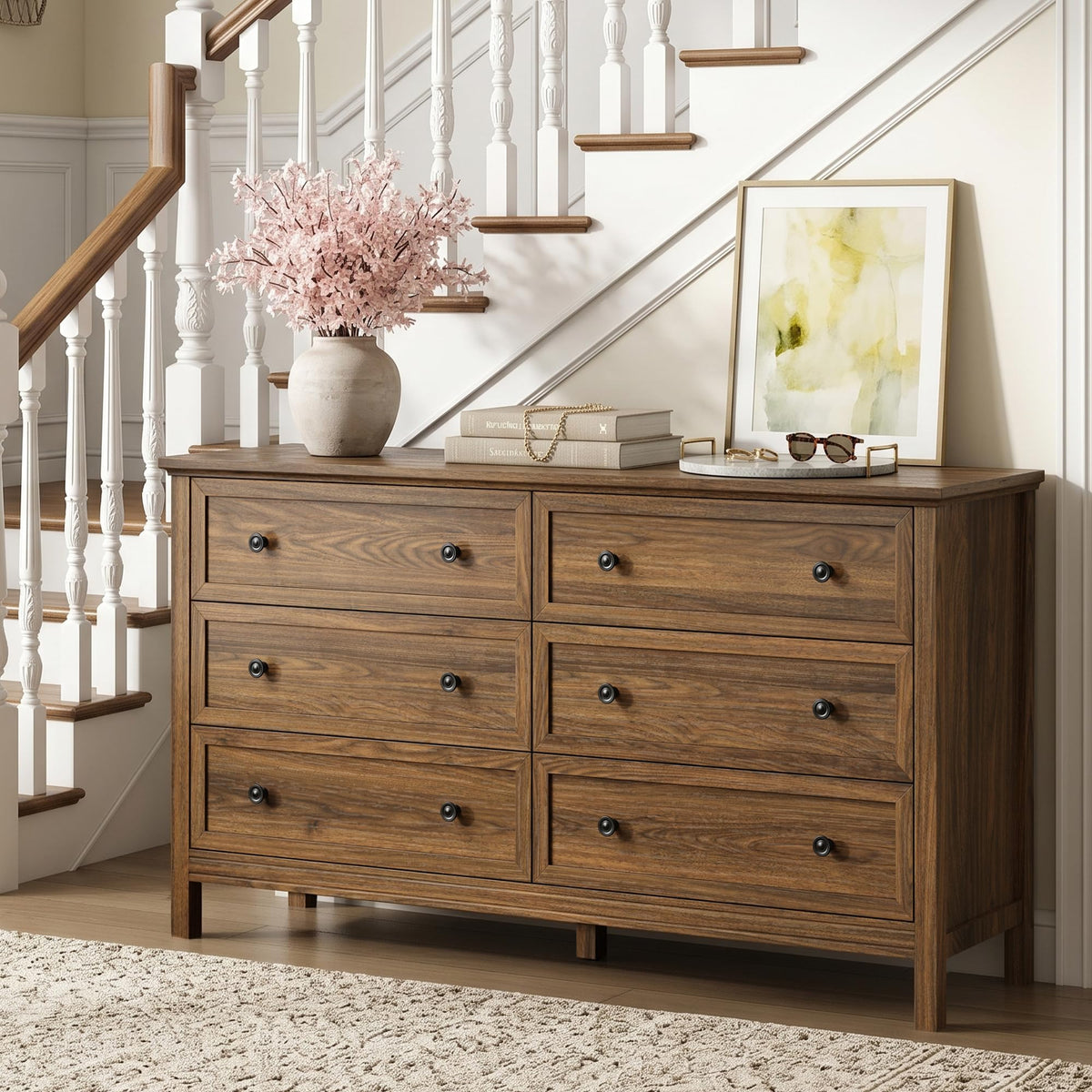 Walnut 6 Drawer Dresser for Bedroom, 55" Wood Chests of Drawers for Hallway