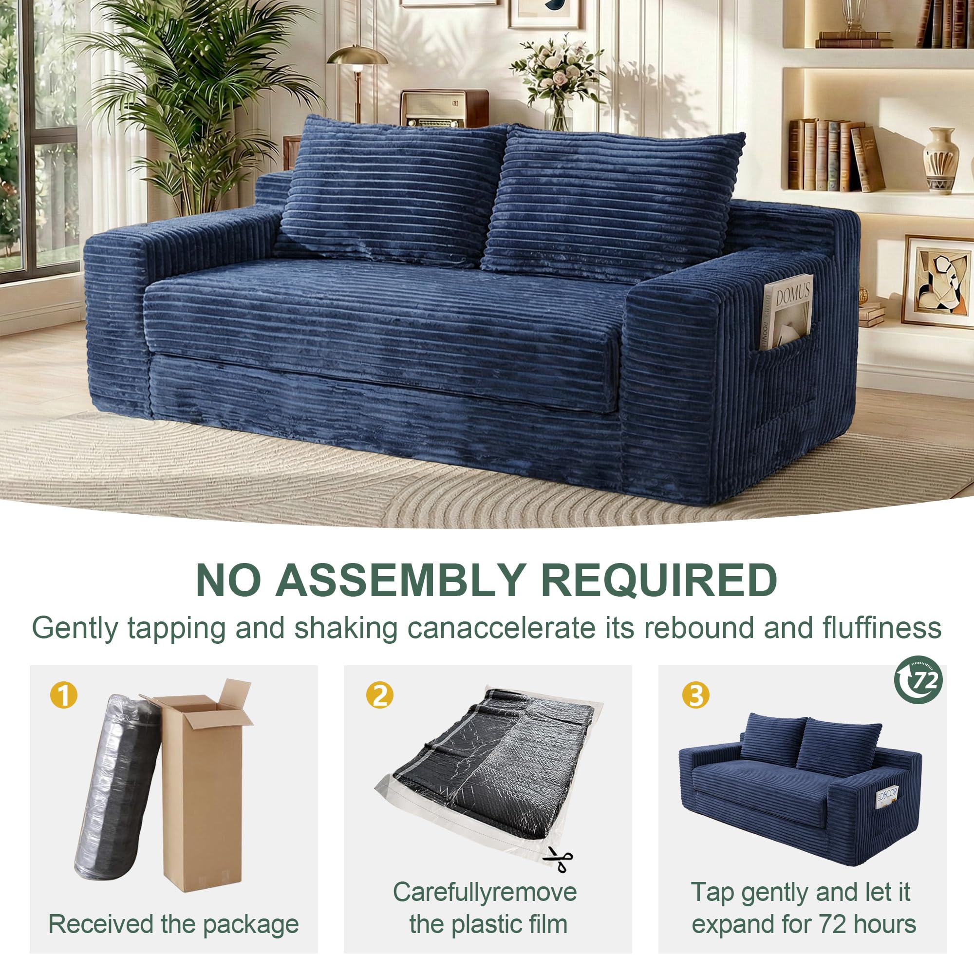 73" Convertible Sofa Bed, Corduroy Boneless Loveseat Sleeper, Fold Out Floor Couch Bed with 2 Pillows, Memory Foam Cloud Futon Couch for Living Room Guest Room Small Space, No Assembly (Blue, 73")
