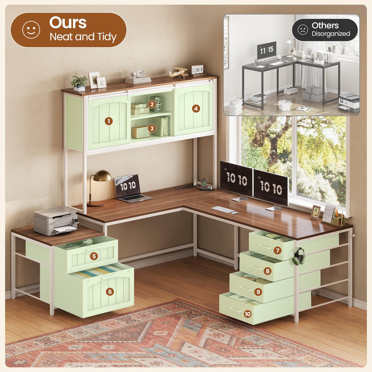 SEDETA Reversible Farmhouse L Shaped Office Desk with 6 Drawer, Hutch