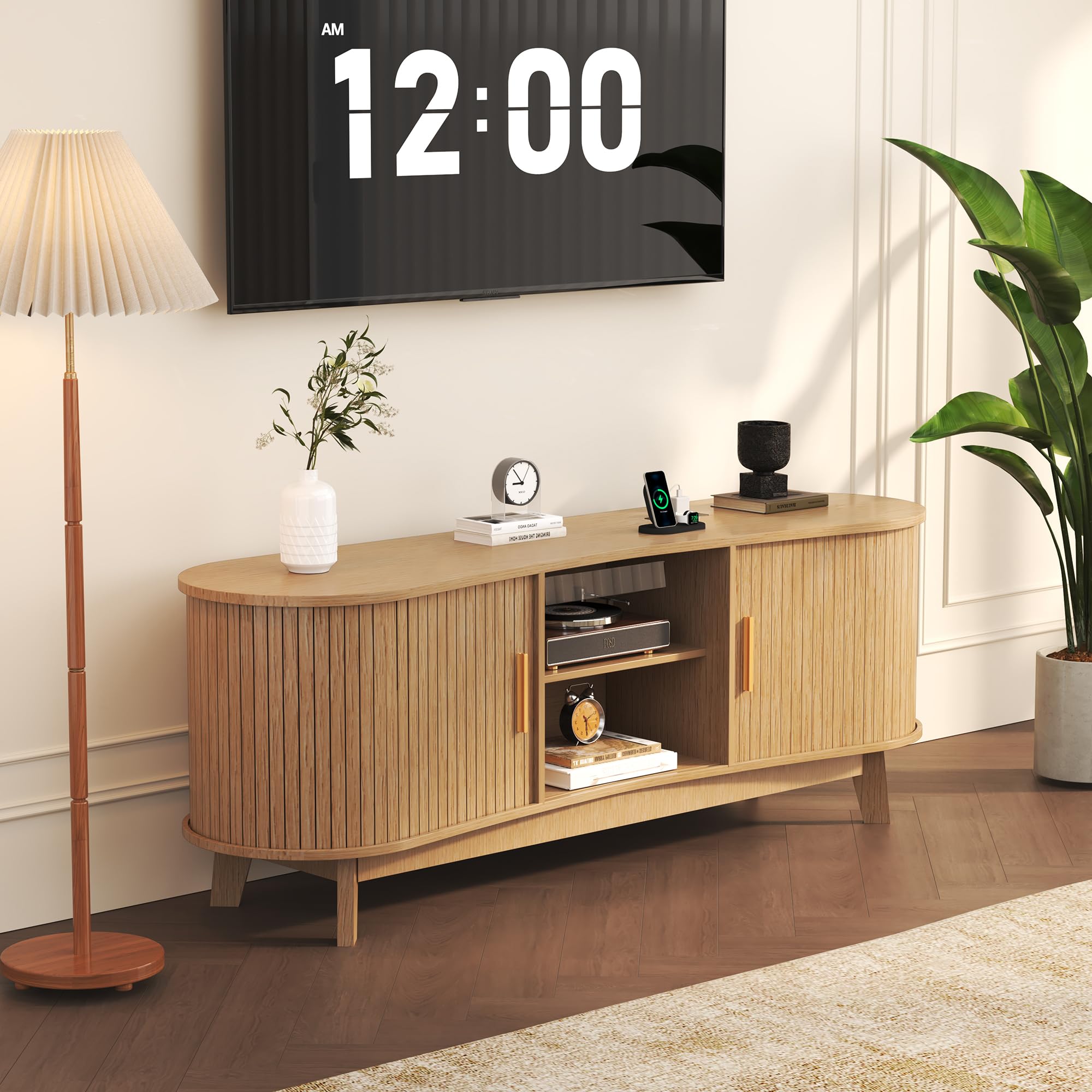Homiflex Mid Century Modern TV Stand for 65 Inch TVs, Fluted TV Stands with Open Shelves and Sliding Door, Media Cabinet with Power Outlet, Entertainment Center with Storage for Living Room, Natural