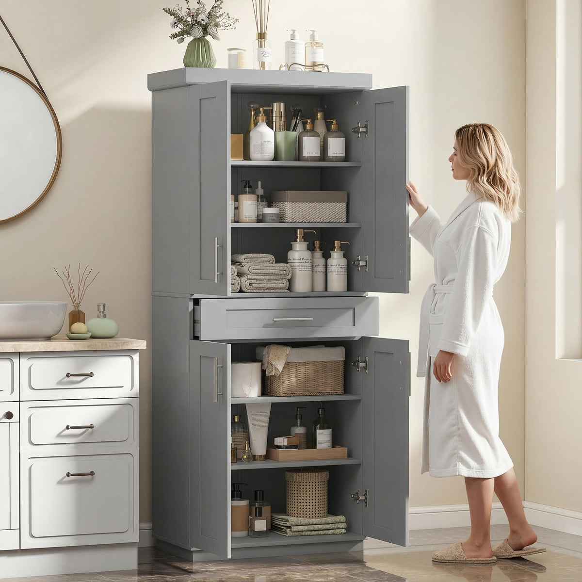 Gray Kitchen Pantry Cabinet