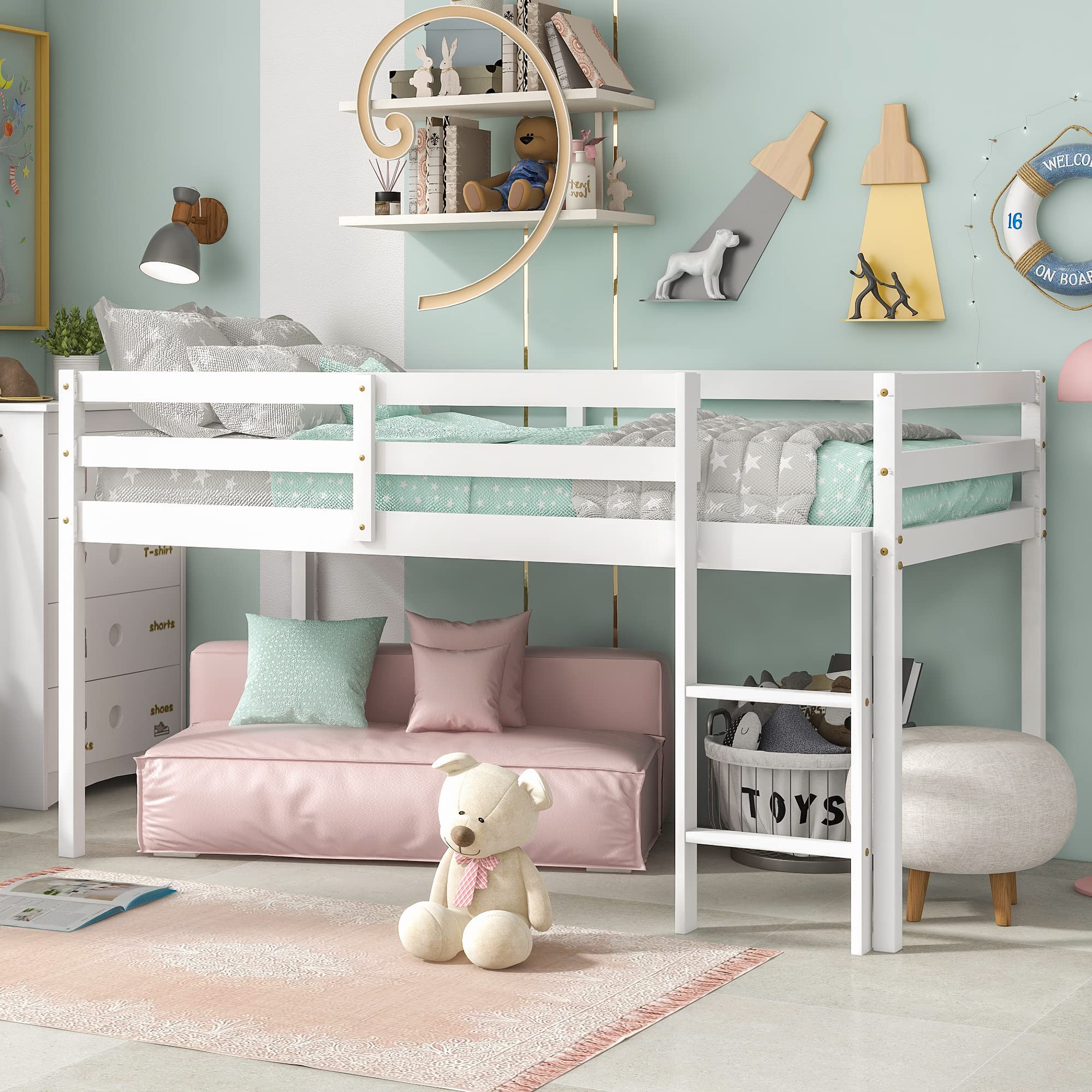 Twin Kids Loft Bed with Ladder & Guard Rails