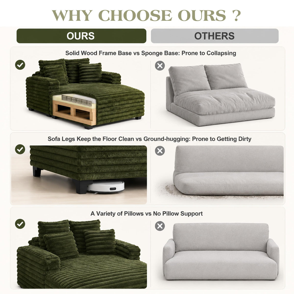 TUNYI Oversized Chaise Lounge Chair Indoor, Faux Fur Upholstered Sofa Bed with Wood Frame, Sleeper Couch Throw Pillow and Armrest for Living Room, Movie Room, Bedroom, Guest Room (Green)