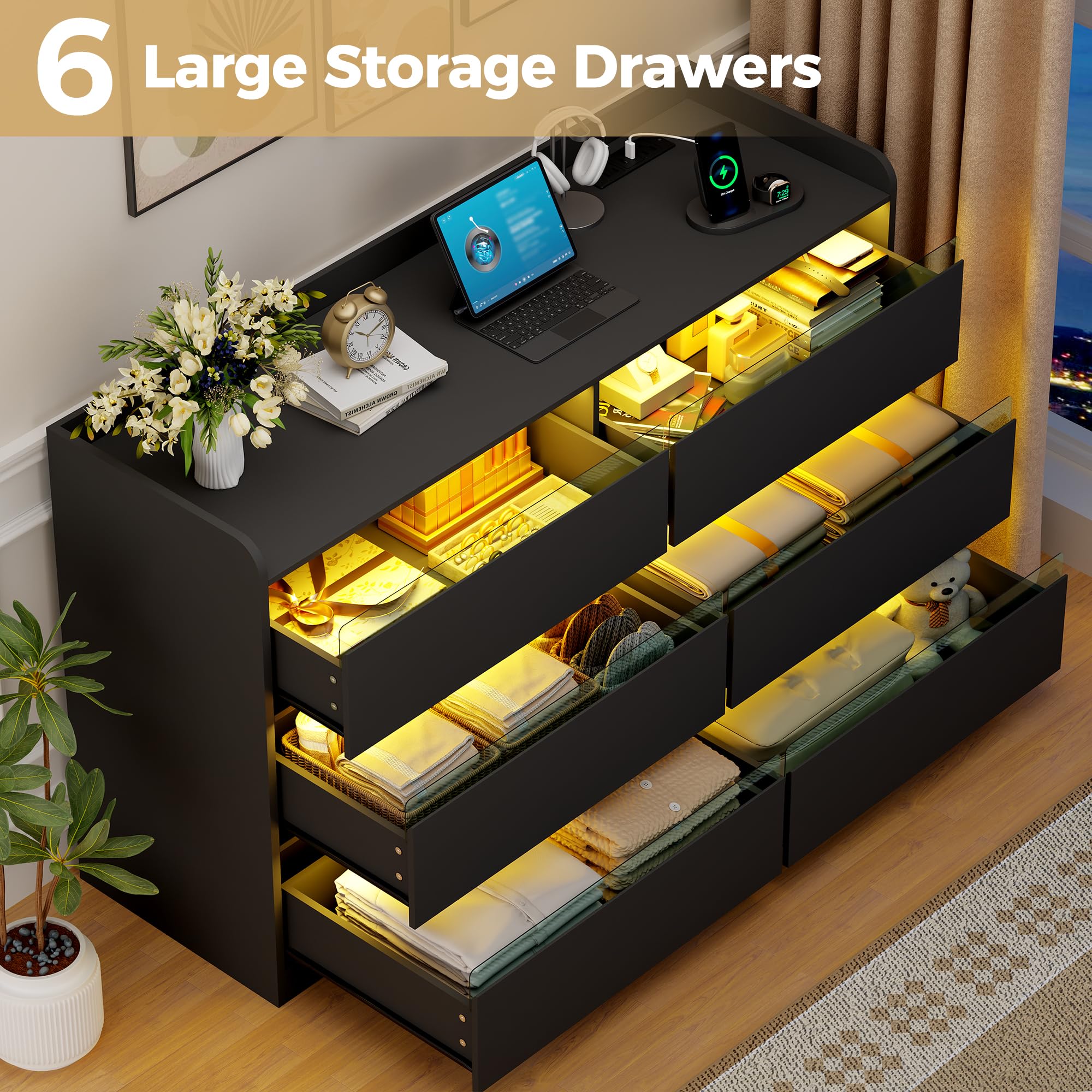YUNSCEND Black Dresser with Power Outlet and LED Lights, Modern 6 Drawer Dresser for Bedroom, 47.2” Long Chest Of Drawer Deep Drawer Dressers TV Stand for Living Room Closet Hallway Entryway UXKCG006B