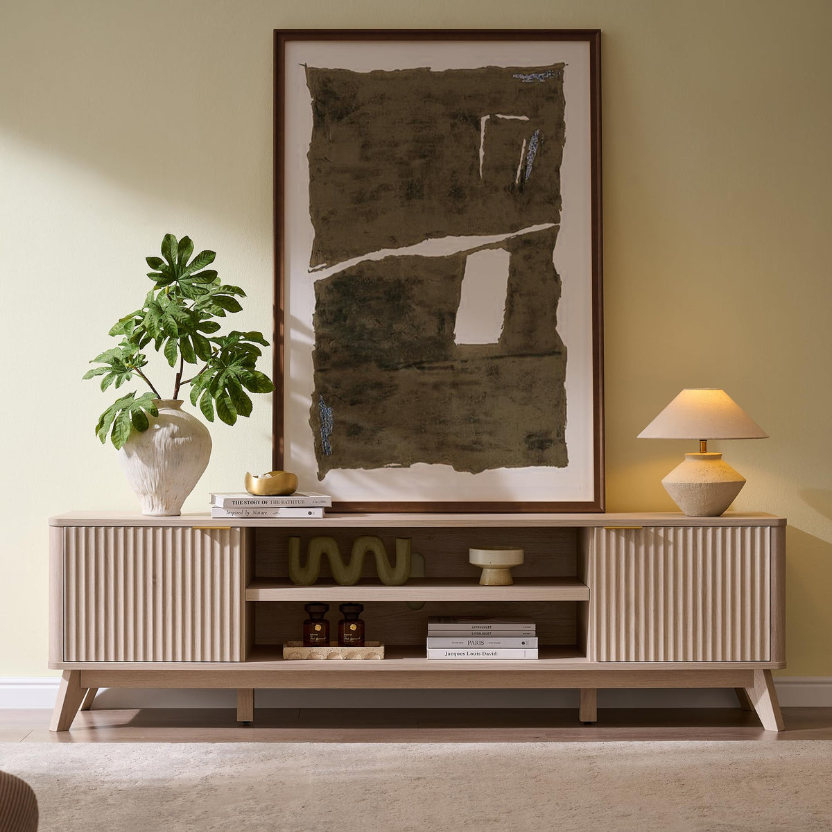 OKD 70" Mid Century Modern Fluted TV Stand,4-Door Storage, White Alder