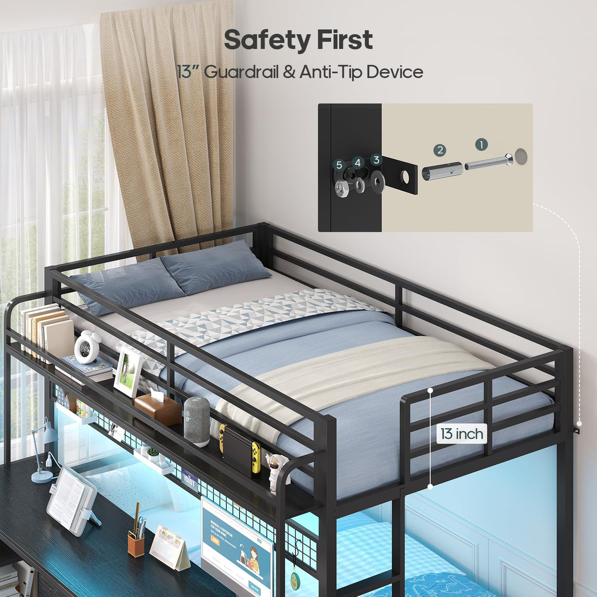 Twin Bunk Bed with Desk & LED Lights