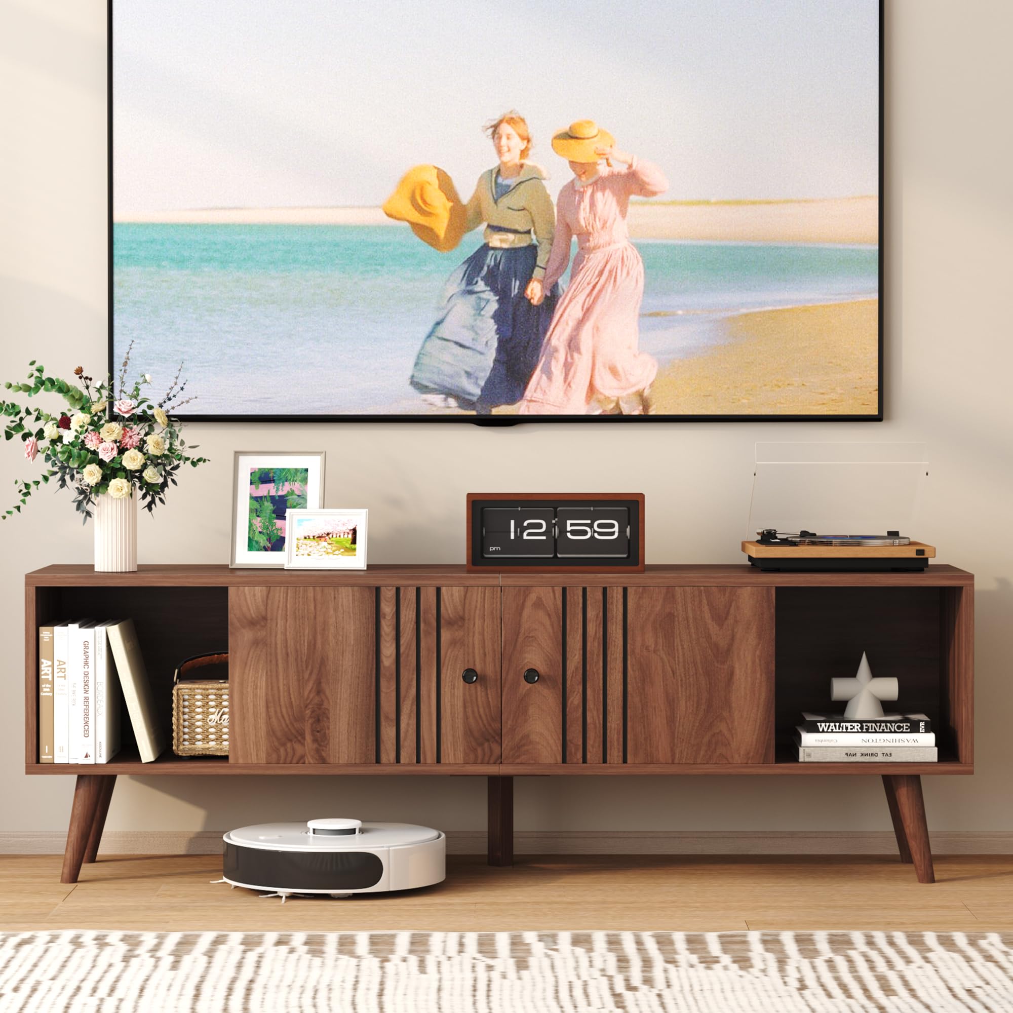Mid-Century TV Stand with Sliding Door – Fits TVs up to 65"