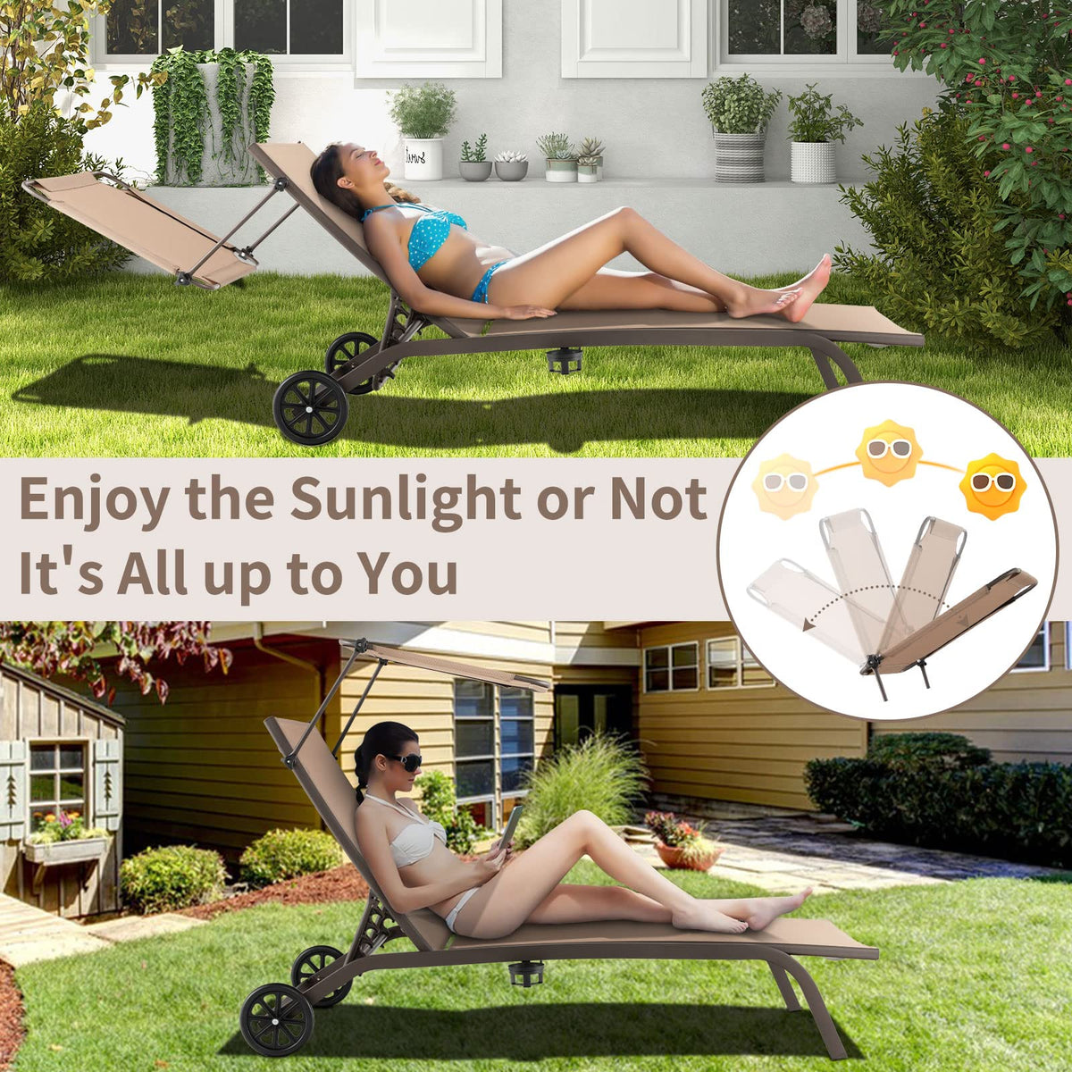 GIANTEX Set of 2 Outdoor Chaise Lounge Chair, Tanning Chair with Sunshade, Smooth Wheels, 6-Level Adjustable Position, Cup Holder, Metal Frame, Patio Chaise Lounge for Sunbathing, Yard, Poolside (2)