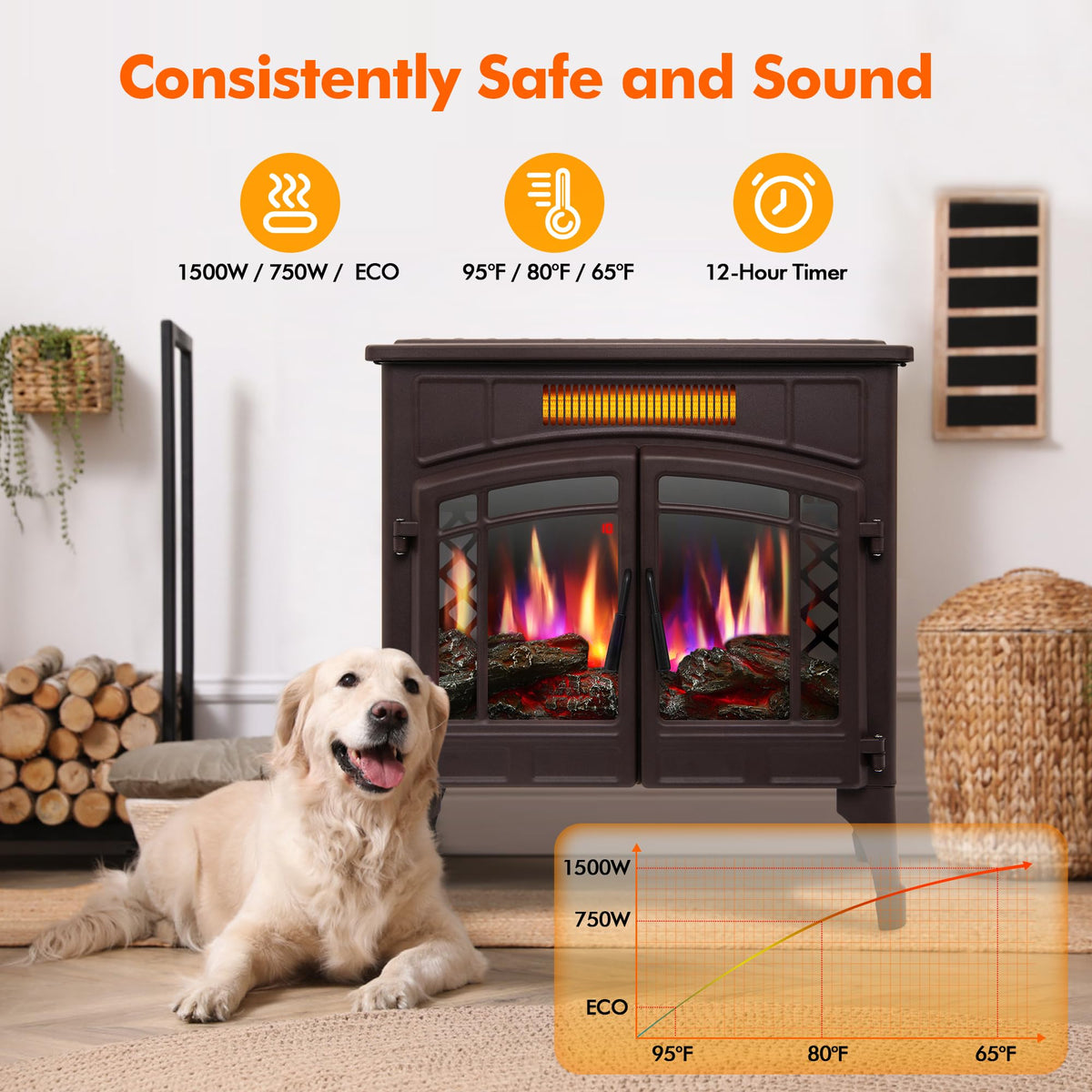 RealSmart Electric Fireplace Heater, 25“ Freestanding Stove Heater with 3D Realistic Flame Effect, Fireplace Stove Overheat Safety Protection for Indoor Use Bedroom,750W 1500W Retro Brown