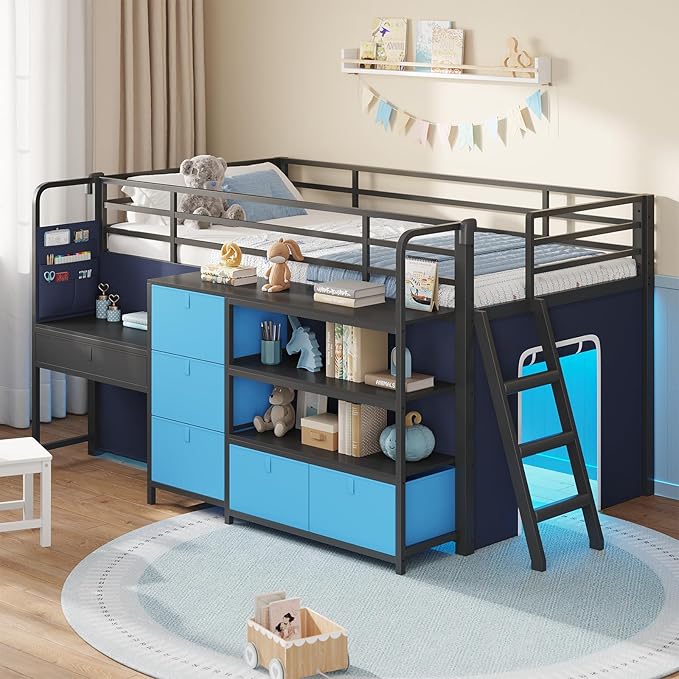 Twin Low Loft Bed with Desk, Storage Drawers & LED Lights