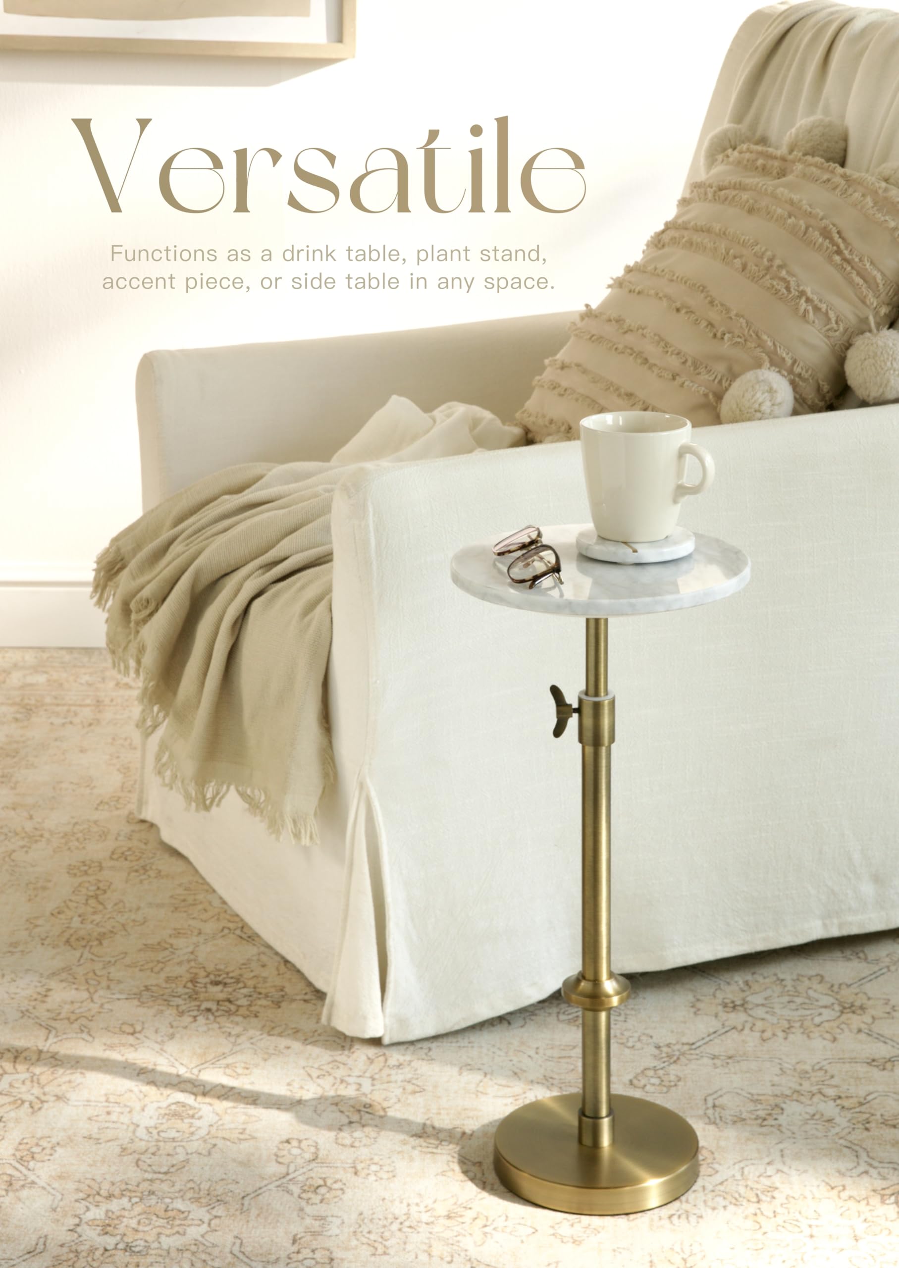 Adjustable Height Marble Pedestal Drink Table with Coasters