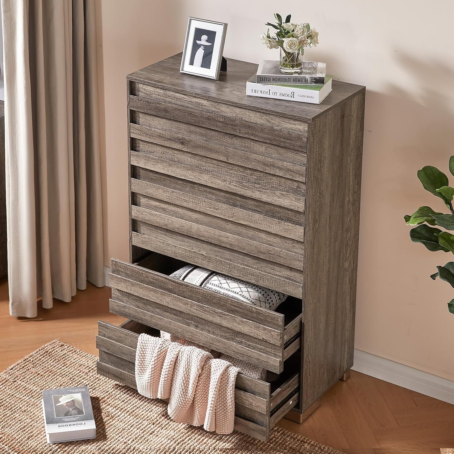 LUXOAK 2 Pcs Bedroom Furniture Sets - Includes 1 X Farmhouse 5 Drawers Dresser, 1X Farmhouse Full Size Bed Frame with 49" Tall Headboard, Wooden Platform Bed with Hidden Metal Bed Frame, Rustic Grey