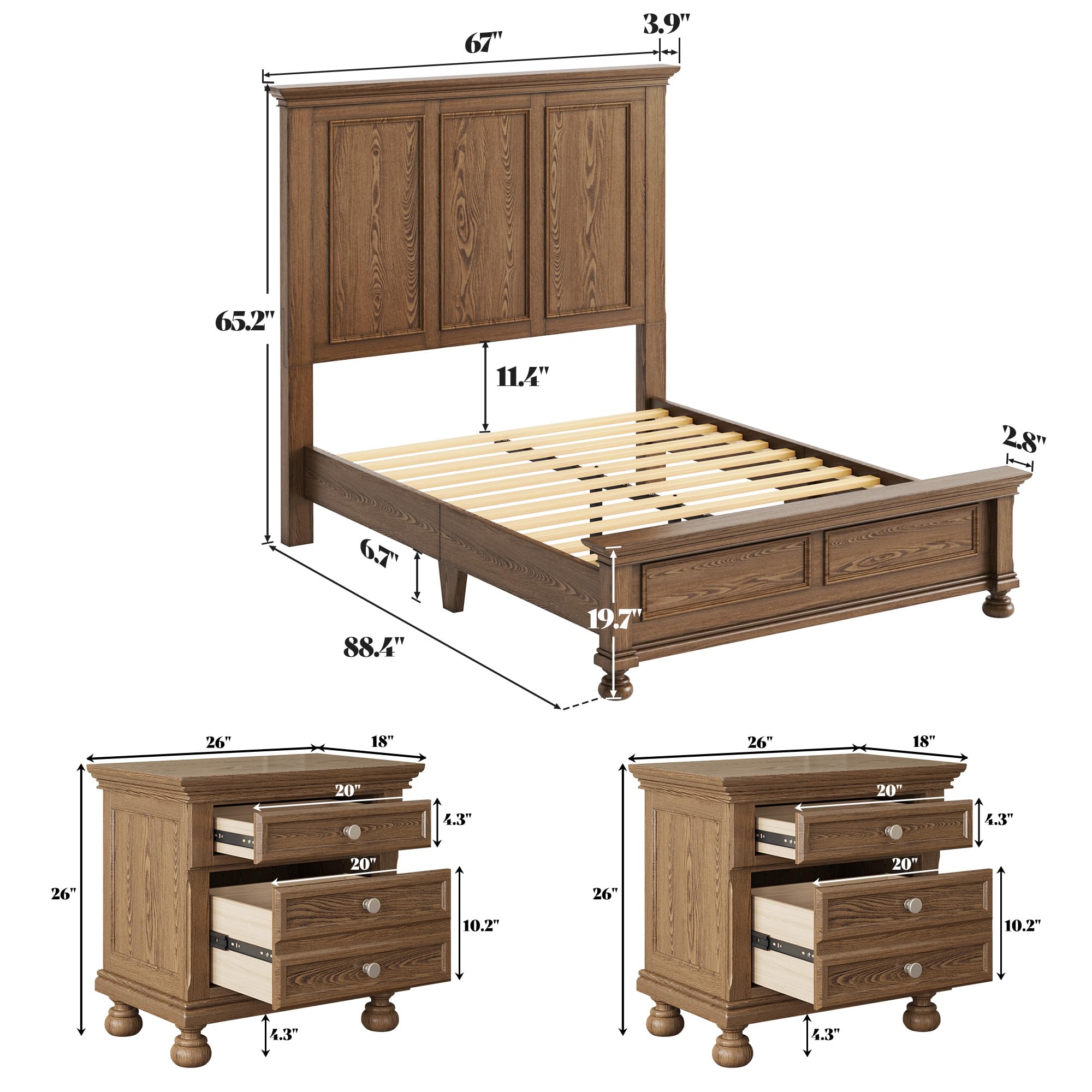 AMERLIFE Solid Wood 3 Piece Bedroom Set Including 65.2" High Queen Bed Frame, Fully Assembled Nightstands Set of 2 with 2 Storage Drawers for Bedroom, Light Brown