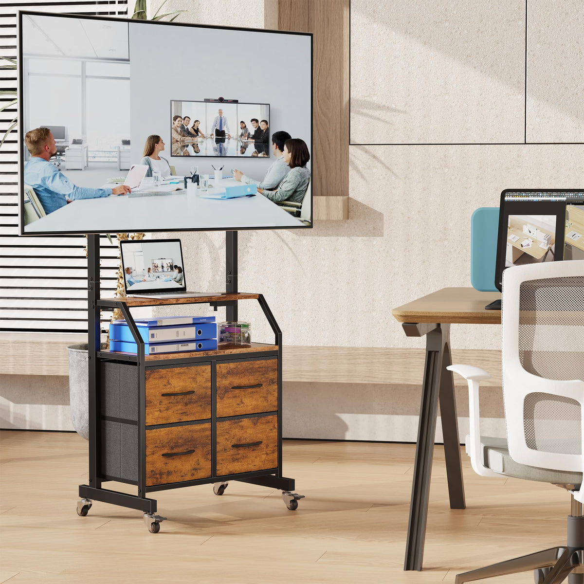 Rolling TV Stand with Mount & Drawers