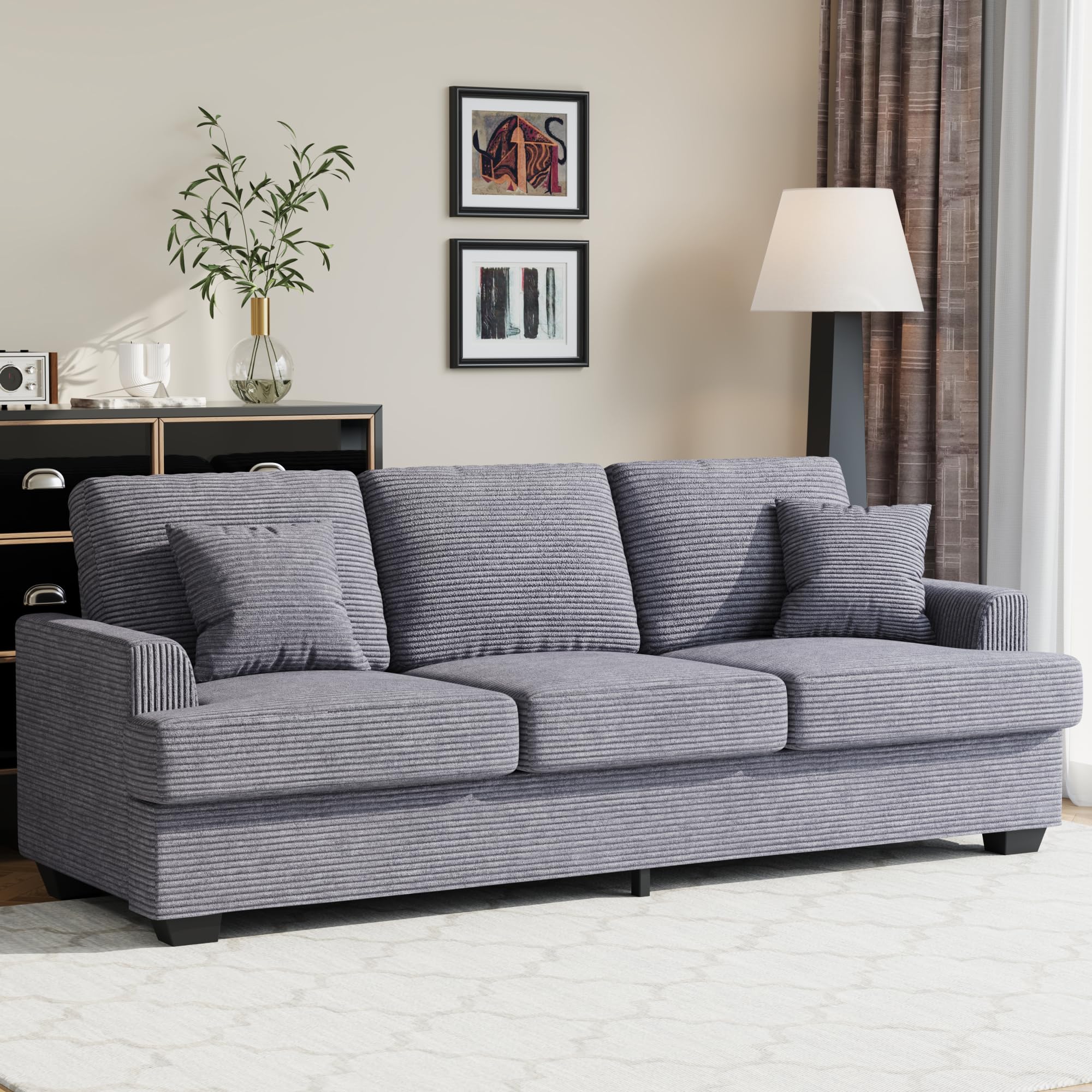 IDEALHOUSE 86" Corduroy Comfy Sofa, 3-Seater Sofa Couch with 2 Throw Pillows, Cloud Couch with deep Seats and 2 Removable Back Cushions, Modern Sofa for Living Room, Bedroom, Apartment, Office, Grey