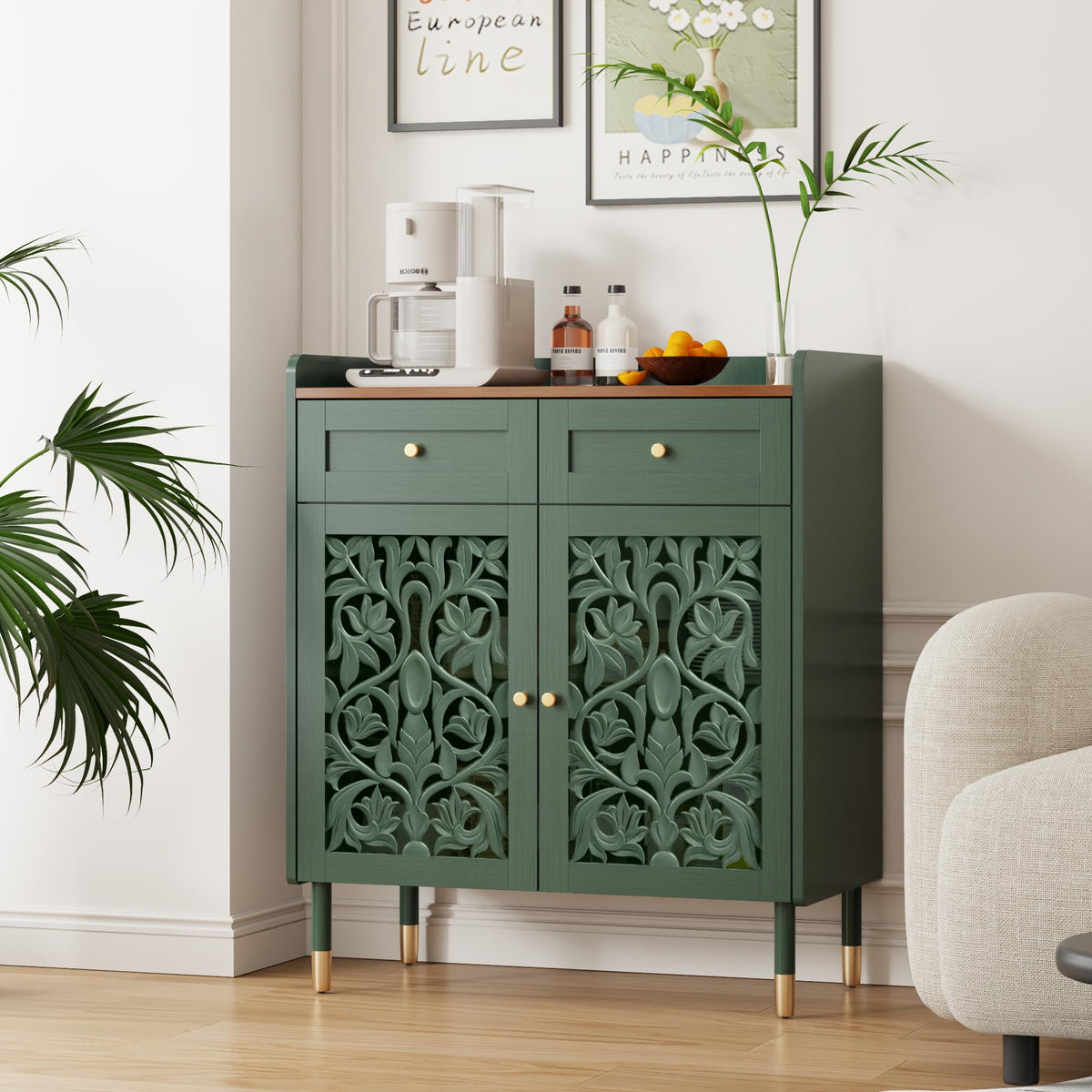 Carved Wood Sideboard with Drawer