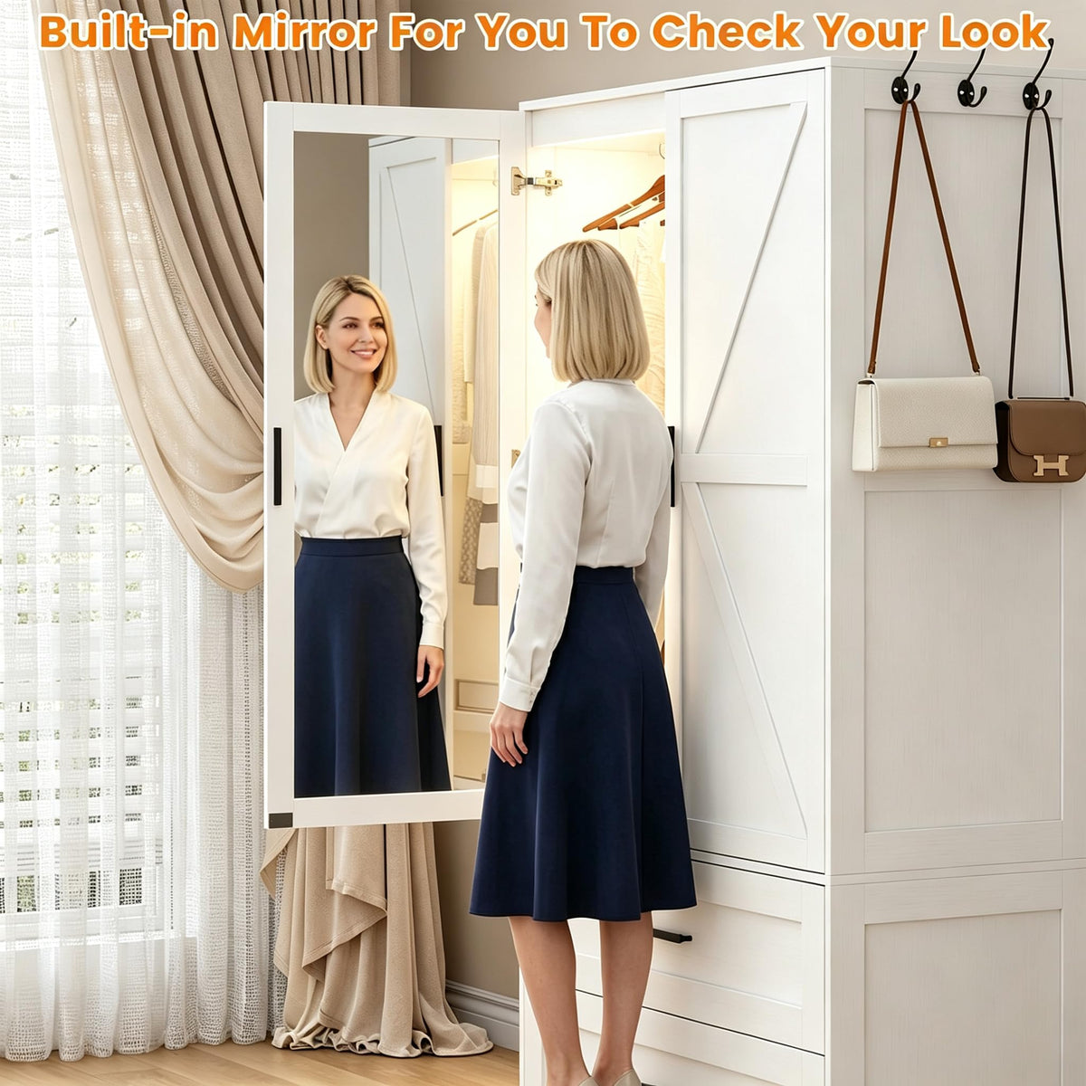 White Farmhouse Wardrobe with Mirror