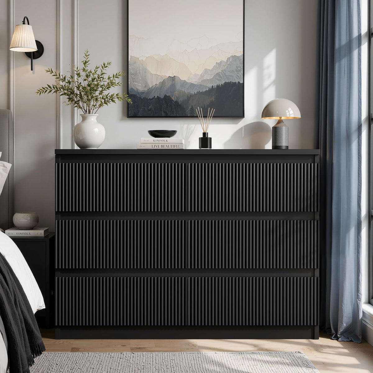 Black Fluted 6-Drawer Dresser