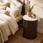 Farati Round Fluted End Table with Storage, Dark Walnut Side Table with White Sintered Stone Top, Sliding Tambour Door Nightstand, 17.4 Inch Small Accent Stand for Living Room Bedroom