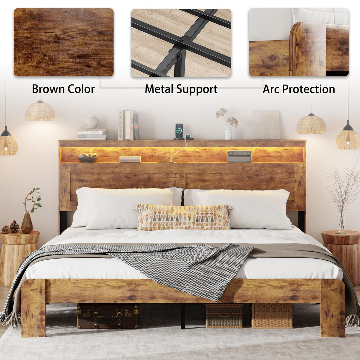 madeslves Wooden Bed Frame King Size with Storage Headboard, Brown