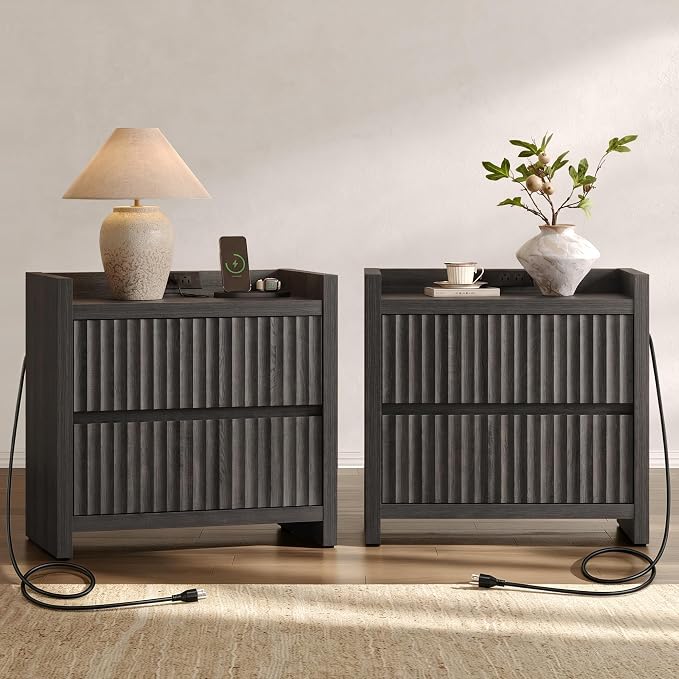 Fluted Nightstand Set with Charging Station