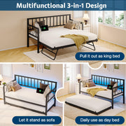 Jocisland Twin DayBed with Charging Station and LED Lights, Metal Twin Daybed with Trundle, Versatile Sofa Bed Frame with Steel Slat Support for Living Room, Bedroom, Guest Room, Dark Gray-Black