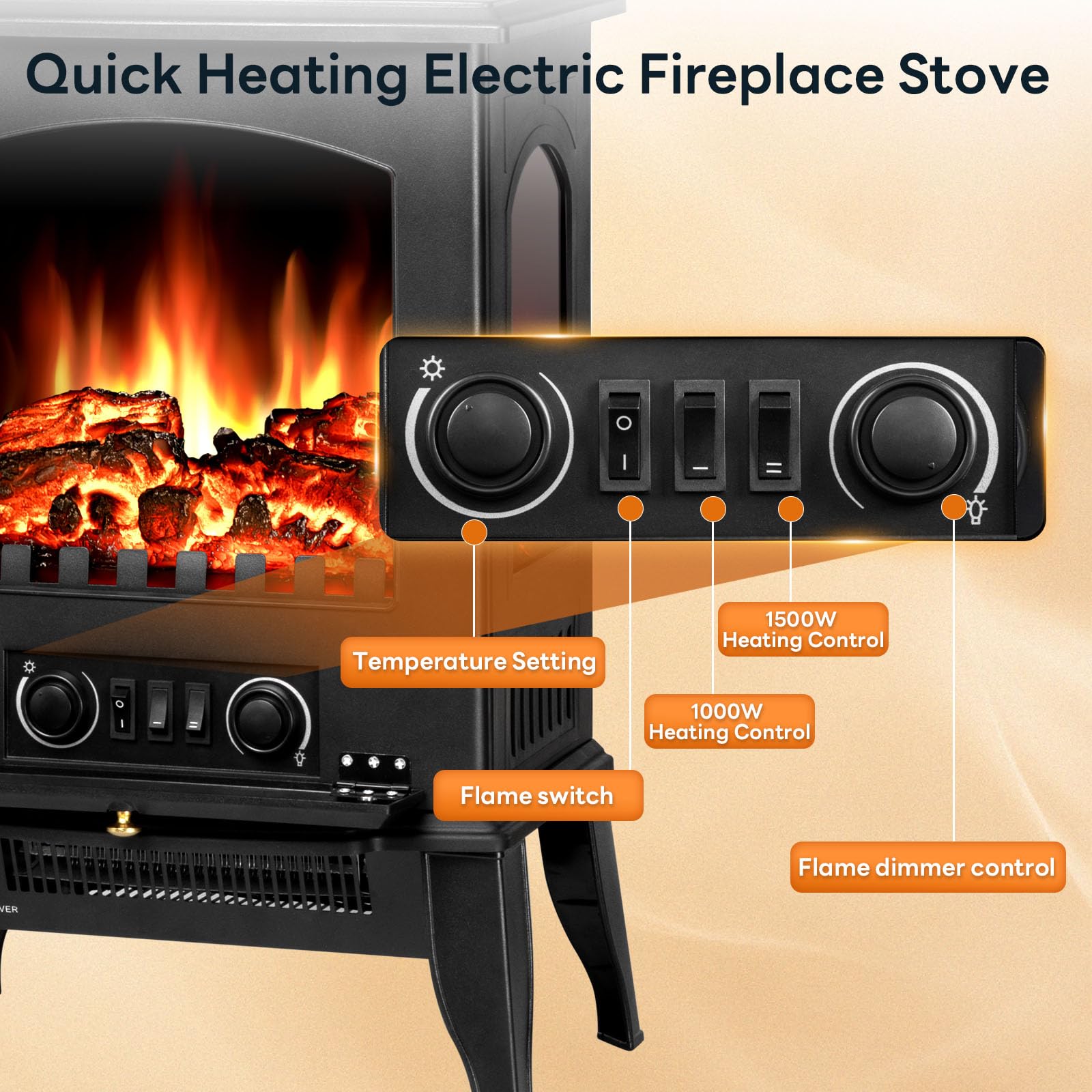 Electric Fireplace Stove Heater with Adjustable Flame