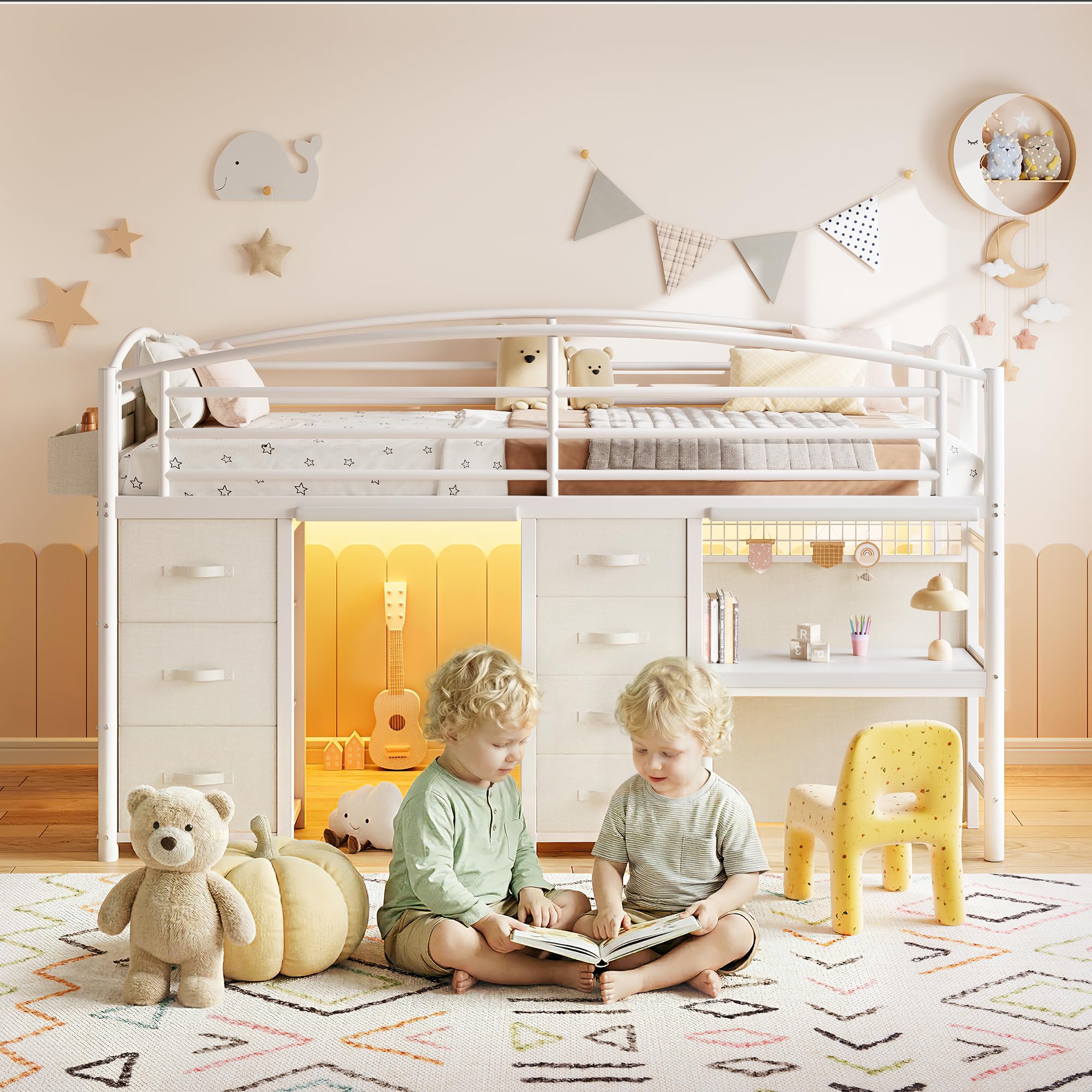 Kids Twin Low Loft Bed with Storage Drawers, Desk & LED Lights