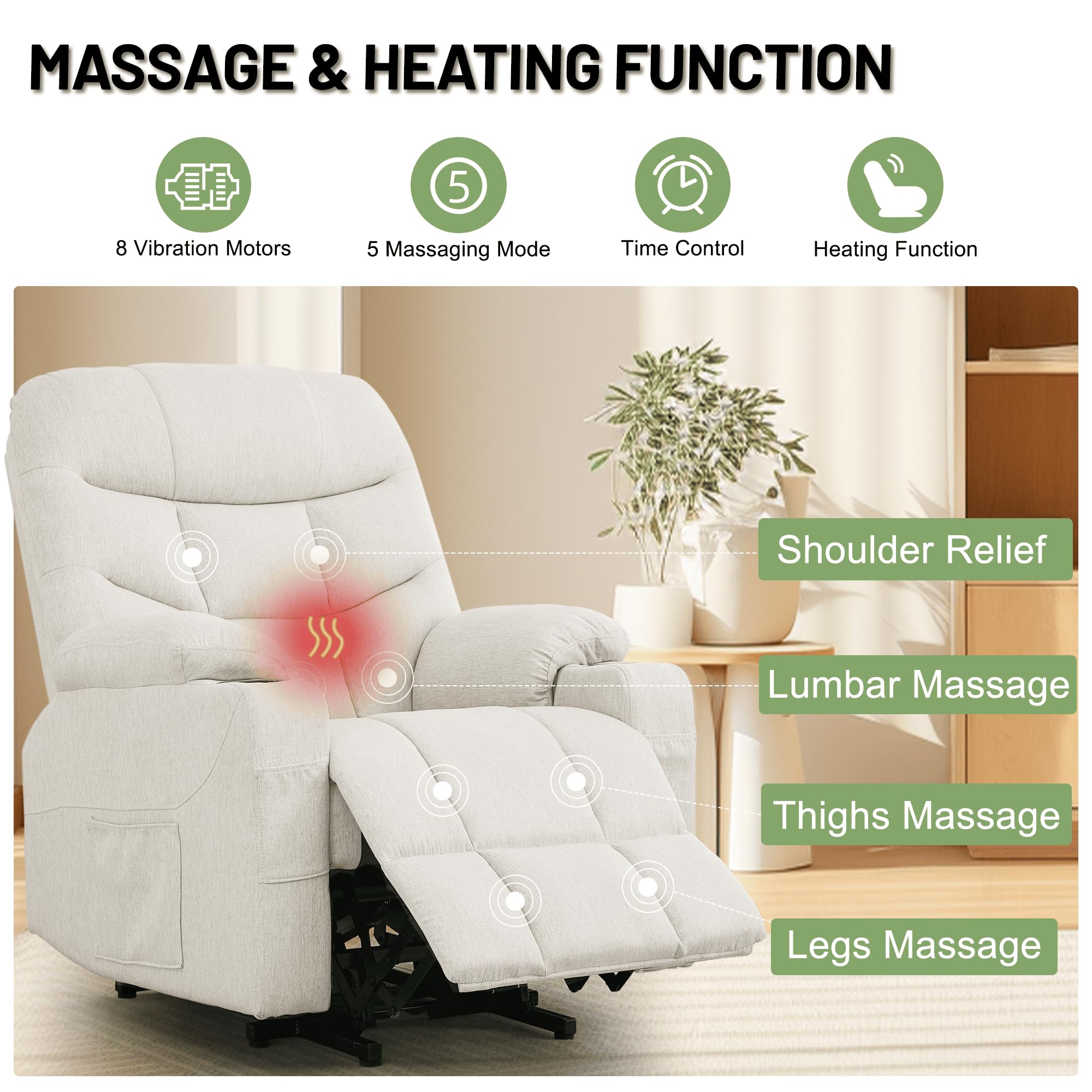 Korser Power Recliner Chair with Massage and Heating, Power Lift Recliner Chair for Elderly and Adults, Electric Recliner with Remote Control and Cup Holders for Living Room