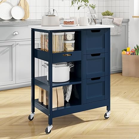 Rolling Kitchen Island Cart with 3 Drawers & Storage