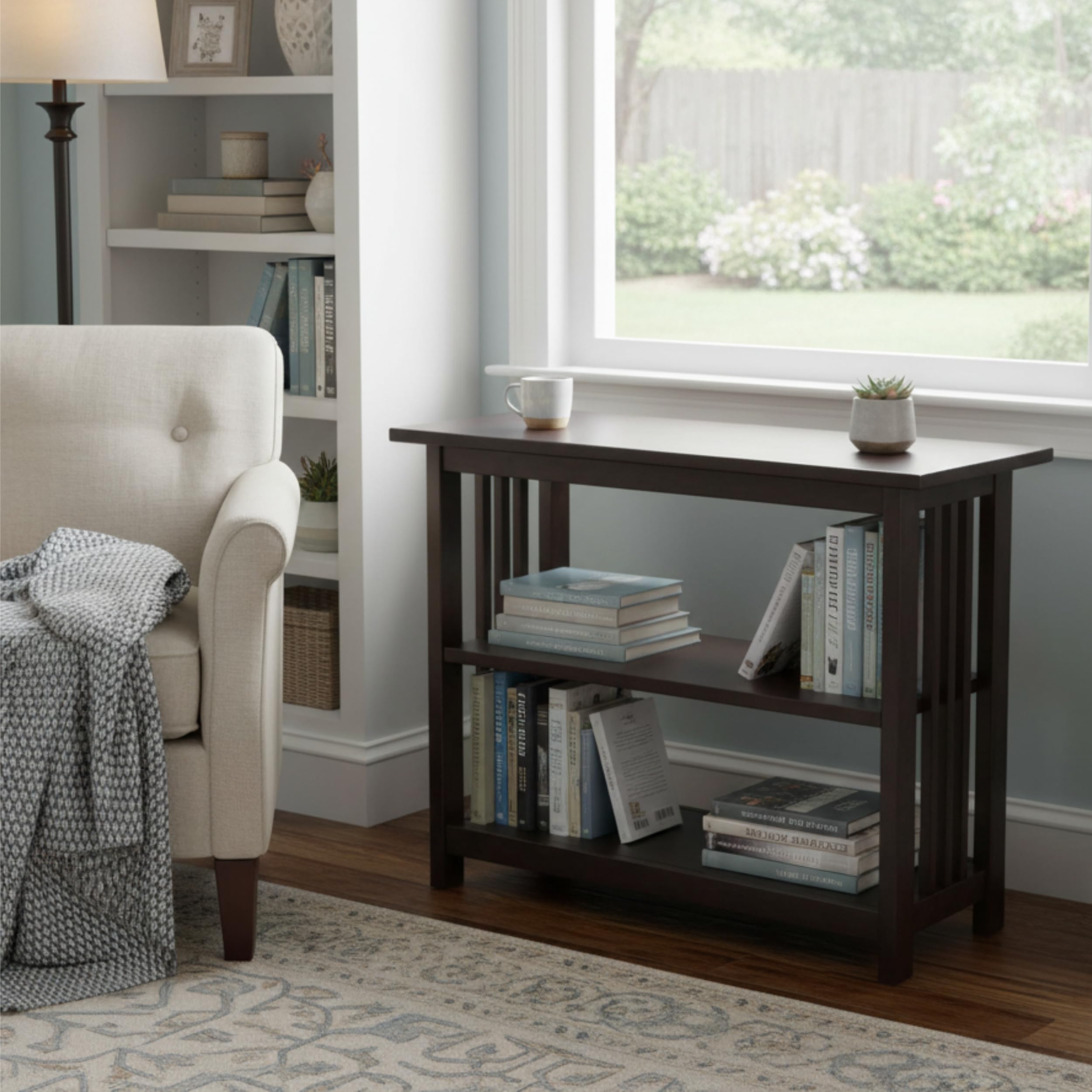 Alaterre Furniture Mission 3-Tier Under Window Bookshelf with Adjustable Middle Shelf and Vertical Slat Side Panels – Space Saving Bookcase for Office, Living Room, or Bedroom (Espresso)