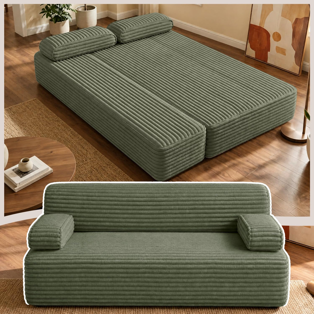 Zefurta 78" Futon Sofa Bed, Queen Size Boneless Corduroy Couch Bed (Green)