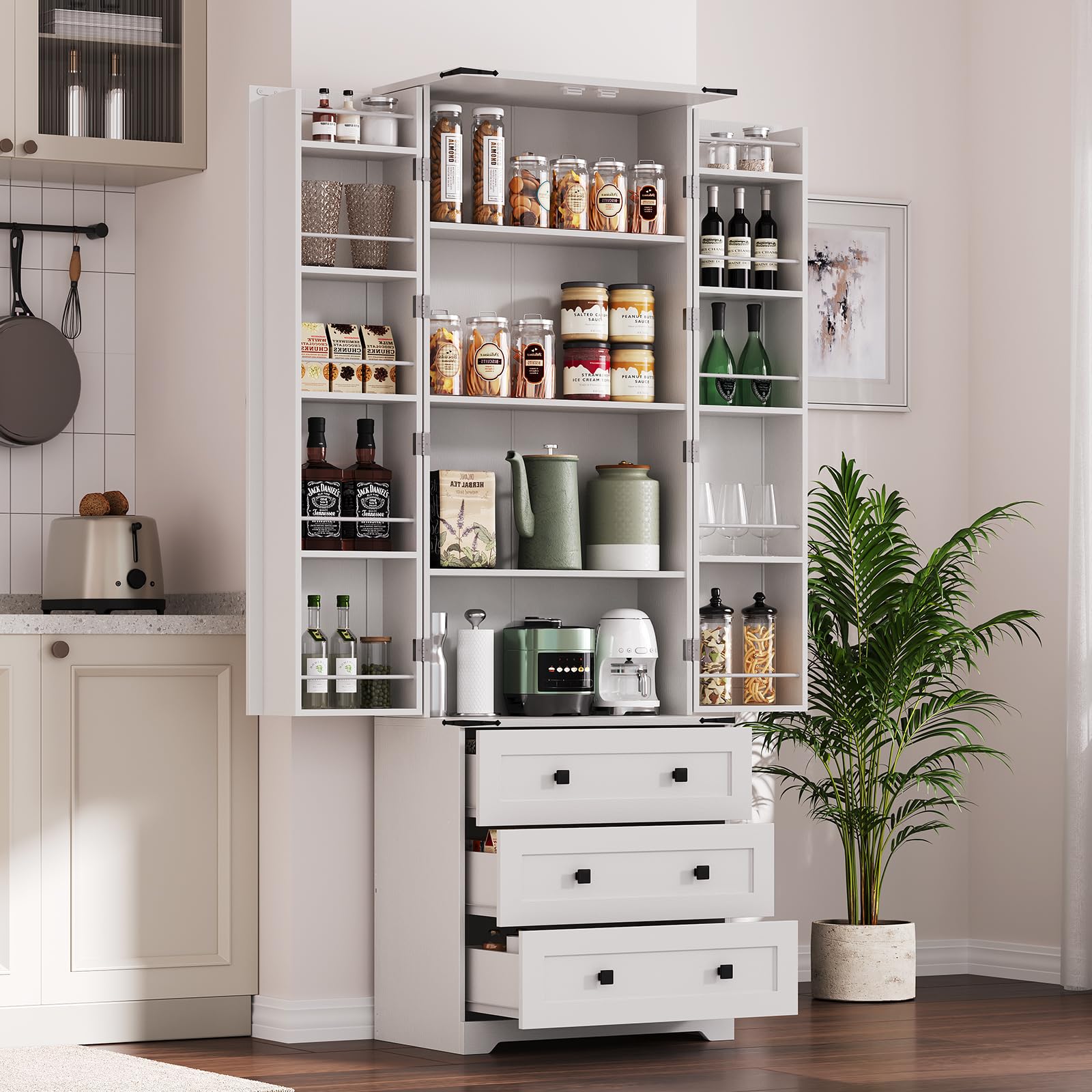 72'' Tall Kitchen Pantry Cabinet, Freestanding Tall Cupboard Storage Cabinet with 2 Barn Doors & 3 Drawers, Adjustable Shelves, Large Farmhouse Pantries for Living Room, Dining Room