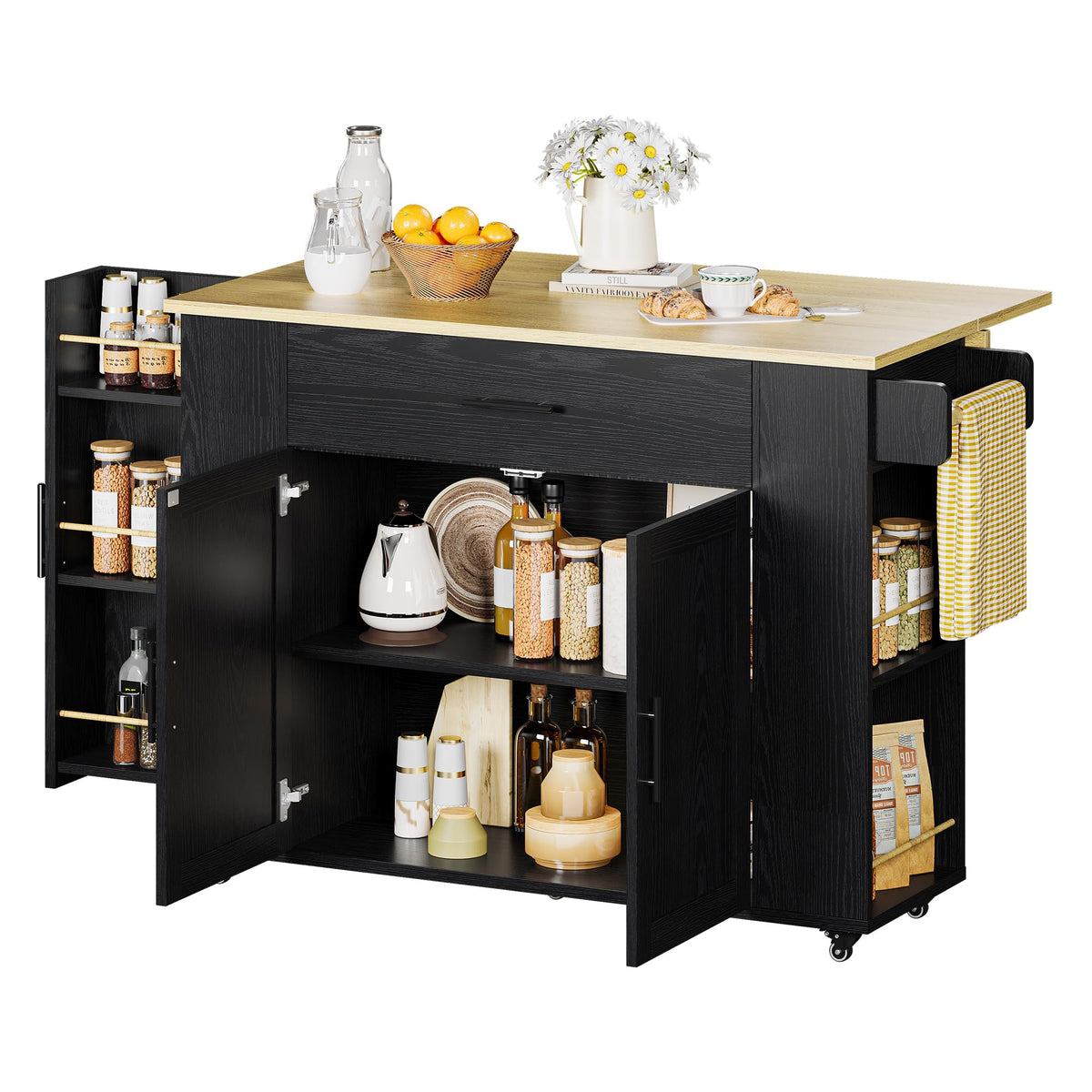 IRONCK Kitchen Island with Storage, 47.2" Rolling Cart with Drop Leaf