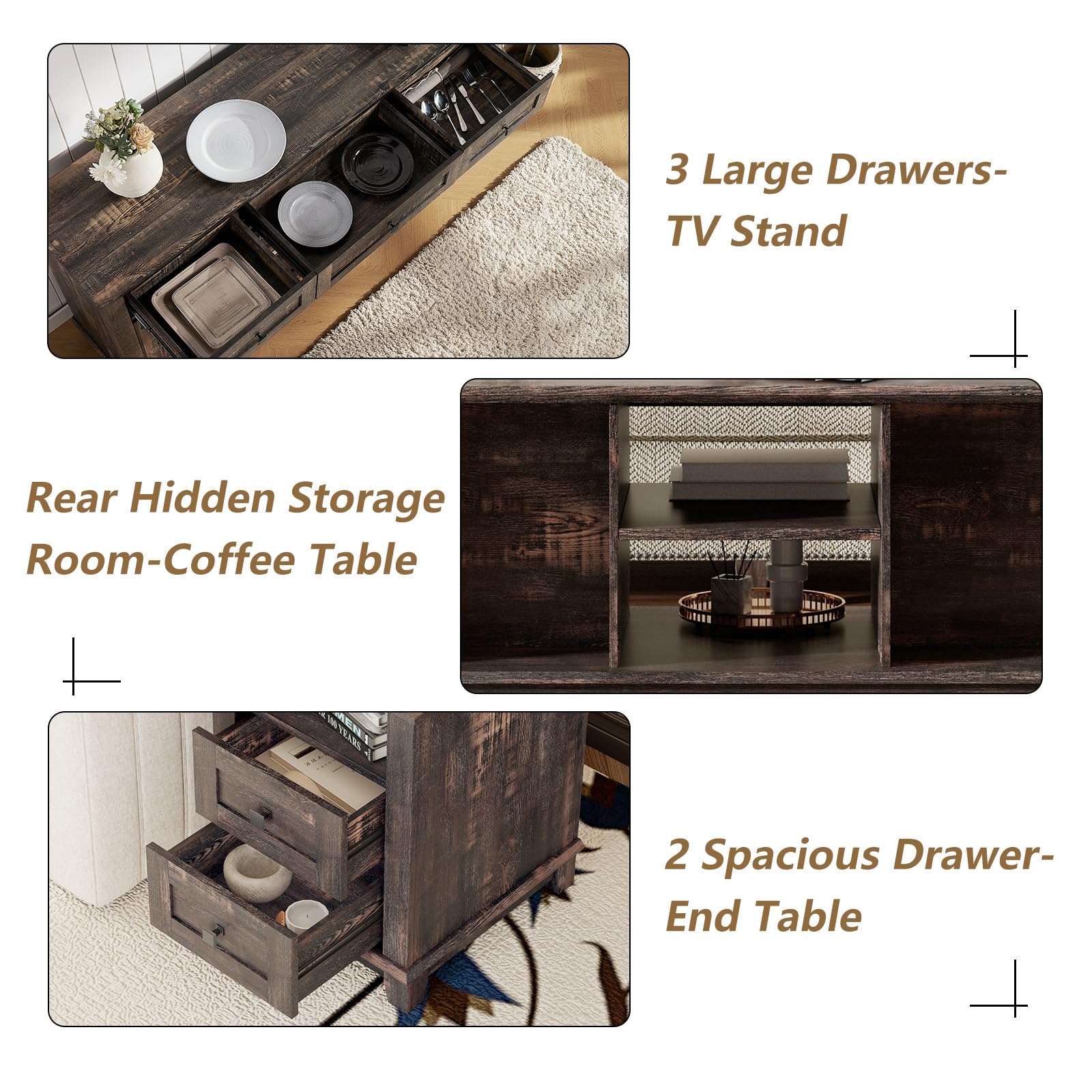 LUXOAK 4 Pieces Farmhouse Living Room Table Sets - Includes 59" Sliding Barn Door TV Stand for 65 in TV, Rustic Coffee Table with Storage, End Tables Set of 2 with Charging Station, Dark Rustic Oak