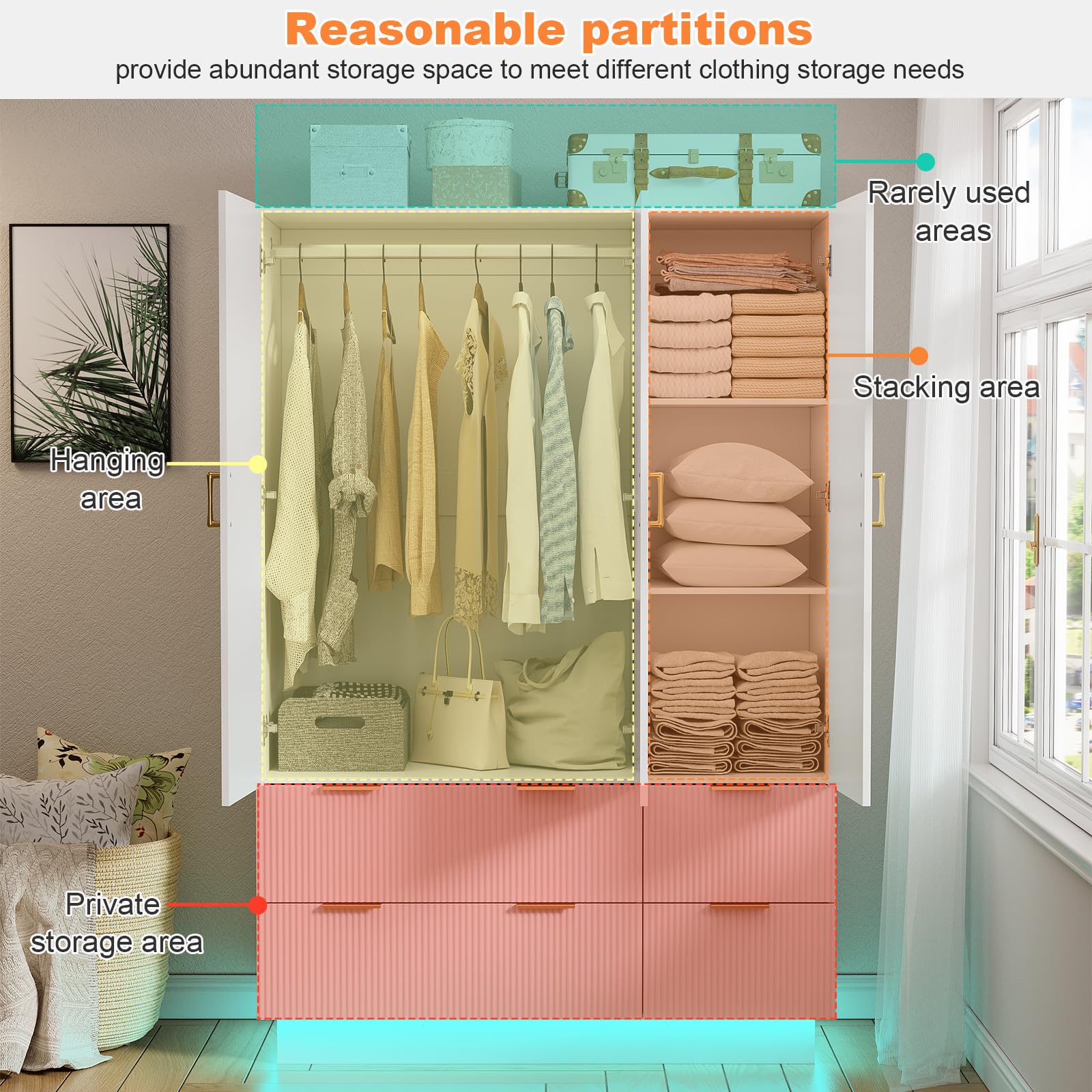 3-Door Wardrobe Closet with Mirror & LED Lights