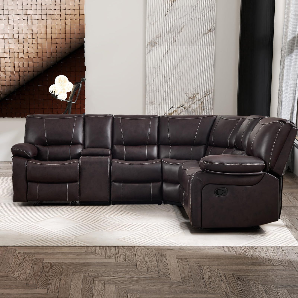 Bonzy Home Manual Recliner Sectional Sofa with Storage Console, Brown