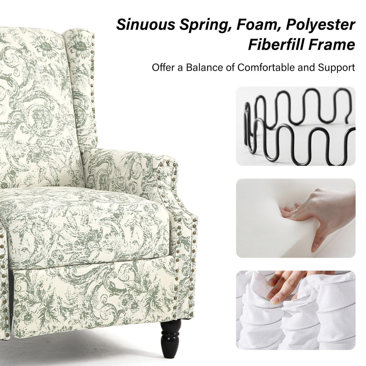 DREAMSIDEA Wingback Floral Pushback Recliner Chair, Rococo Green, Set of 1