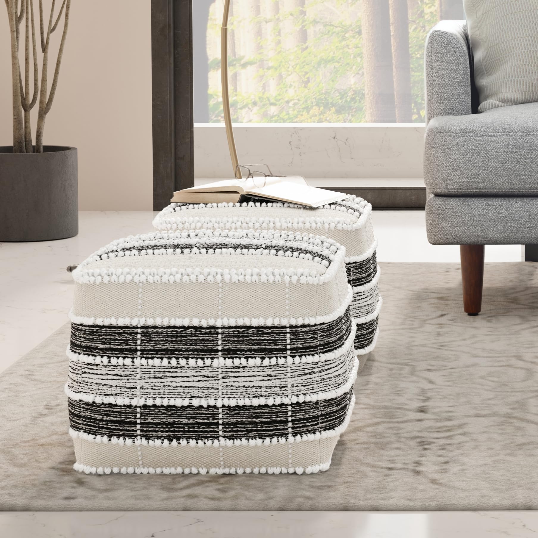 SIMPLIHOME Barley Square Pouf - 18 inch Wide Handcrafted Woven Polyester Pouf in White, Beige and Black, Boho Footstool or Extra Seating for Living Room or Patio with Polystyrene Filling, Assembled