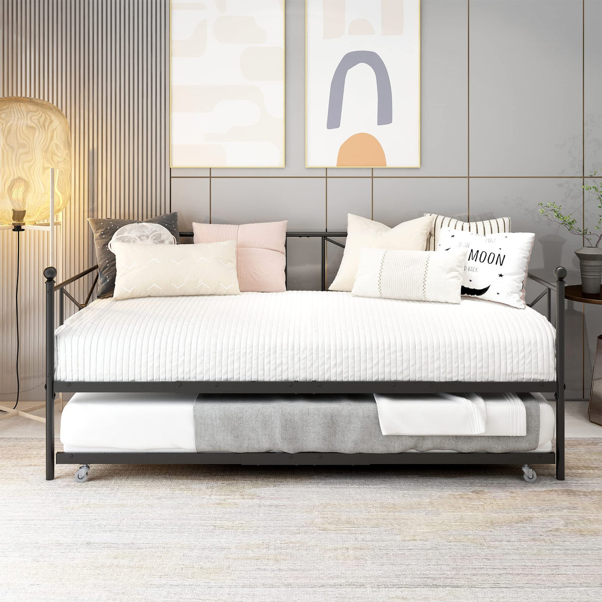 ARFARLY Sofa Bed Daybed with Trundle Sofa Bed Frame with Headboard,Premium Steel Slat Support,Multifunctional Mattress Foundation,Twin,Black