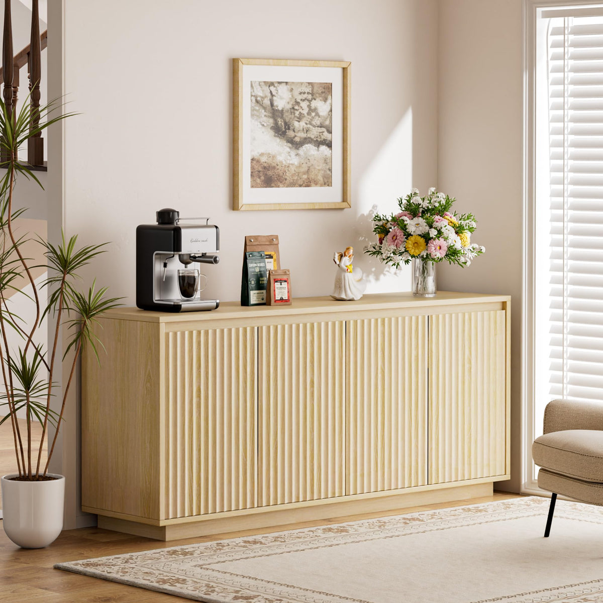 Lulive 63" Fluted Buffet Cabinet Sideboard with Storage Credenza 4 Doors Wood Modern Accent Coffee Bar Console Table for Kitchen Entryway Oak Natural