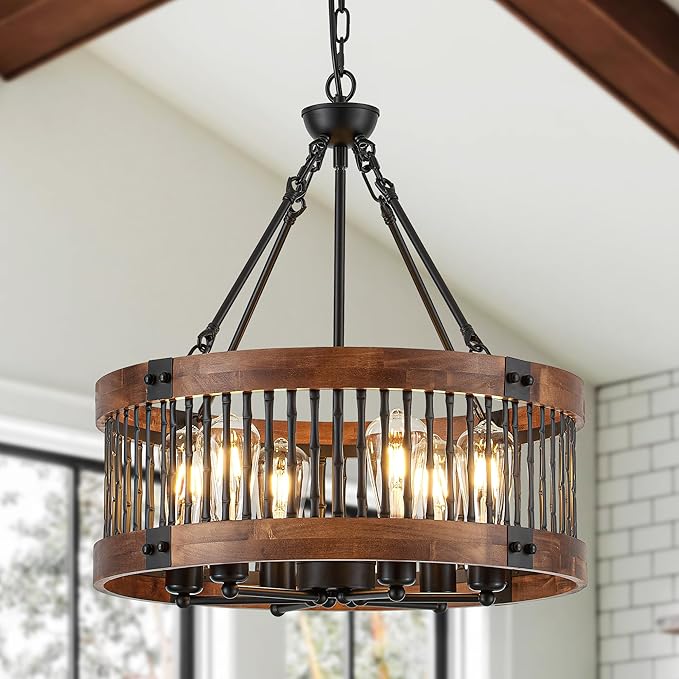 Rustic Drum Chandelier – Wood & Black Metal