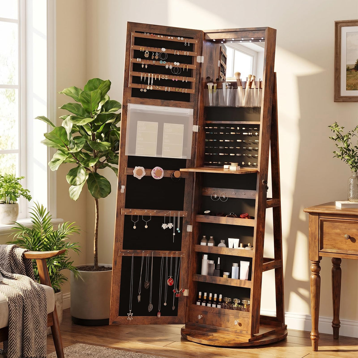 OLIXIS 360° Swivel Jewelry Cabinet with Light, Lockable Full Length Mirror
