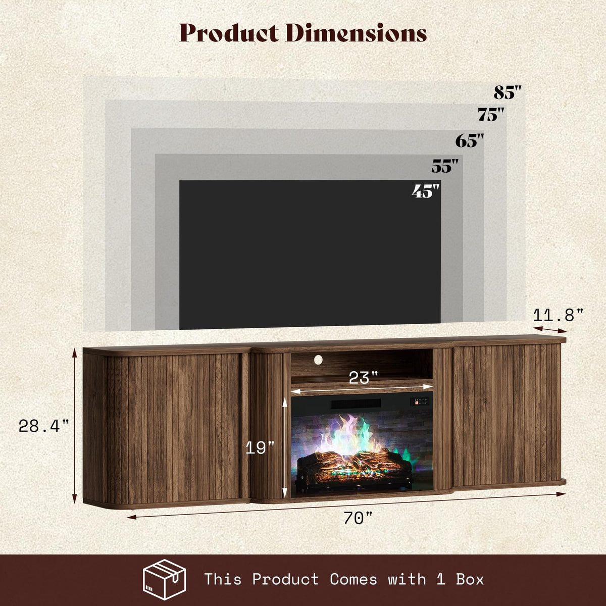 AMERLIFE 70" Fluted Electric Fireplace TV Stand, Mid Century Modern, Walnut