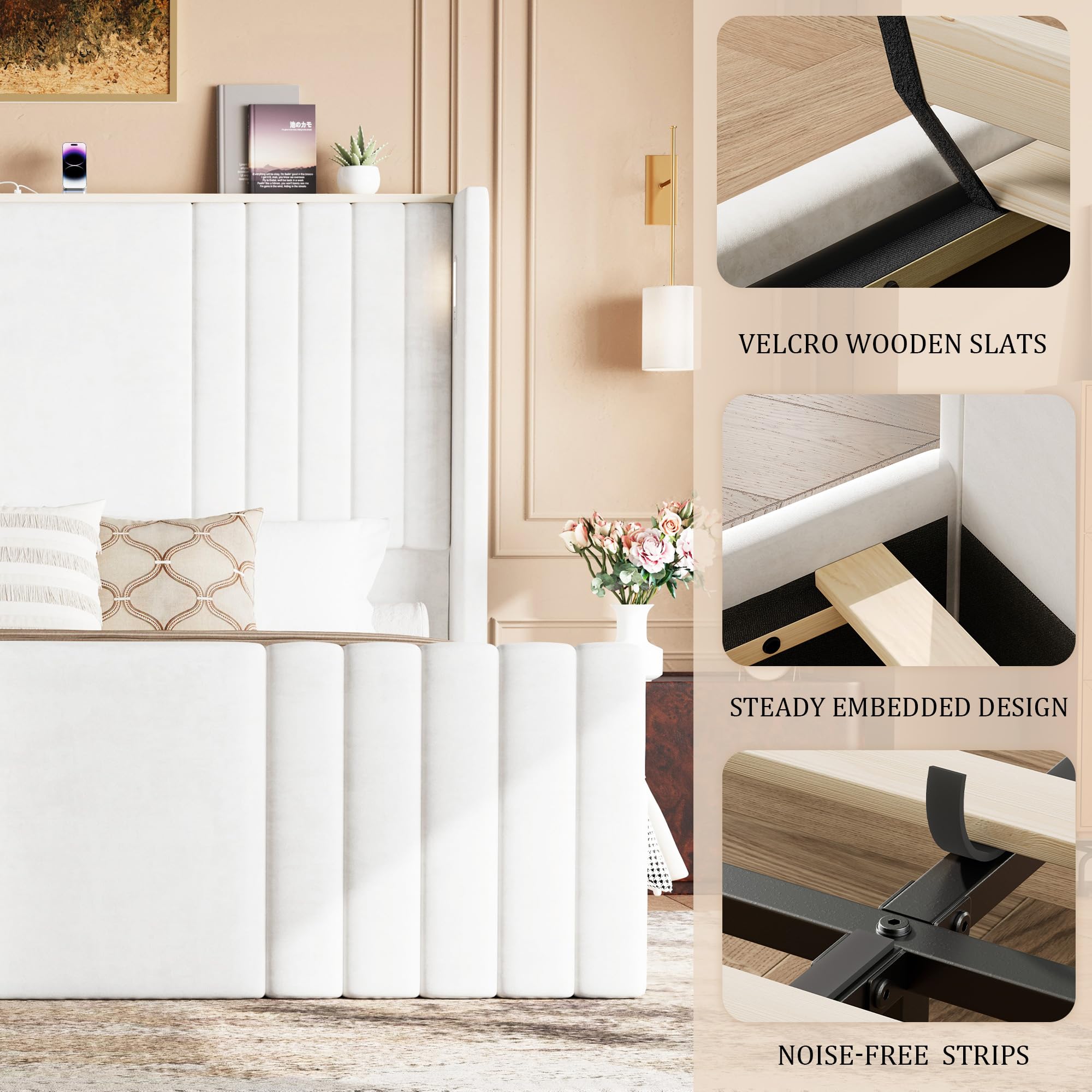 Velvet Wingback Platform Bed Frame with LED Reading Lights