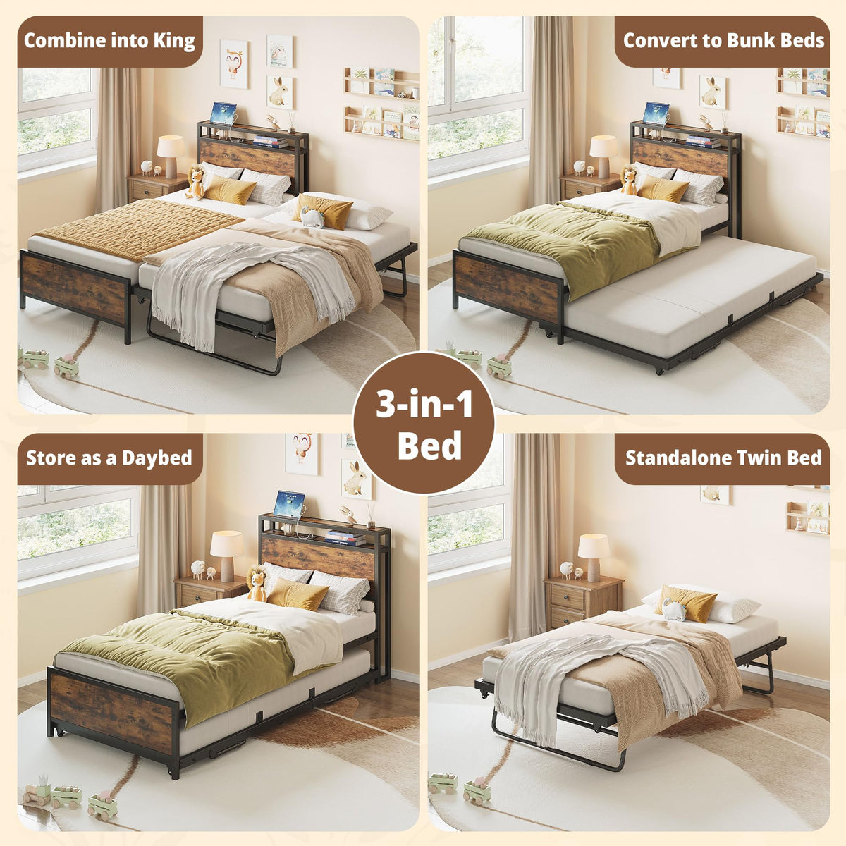 IRONCK Twin Daybed with Trundle Bed & Storage Headboard & Charging Station
